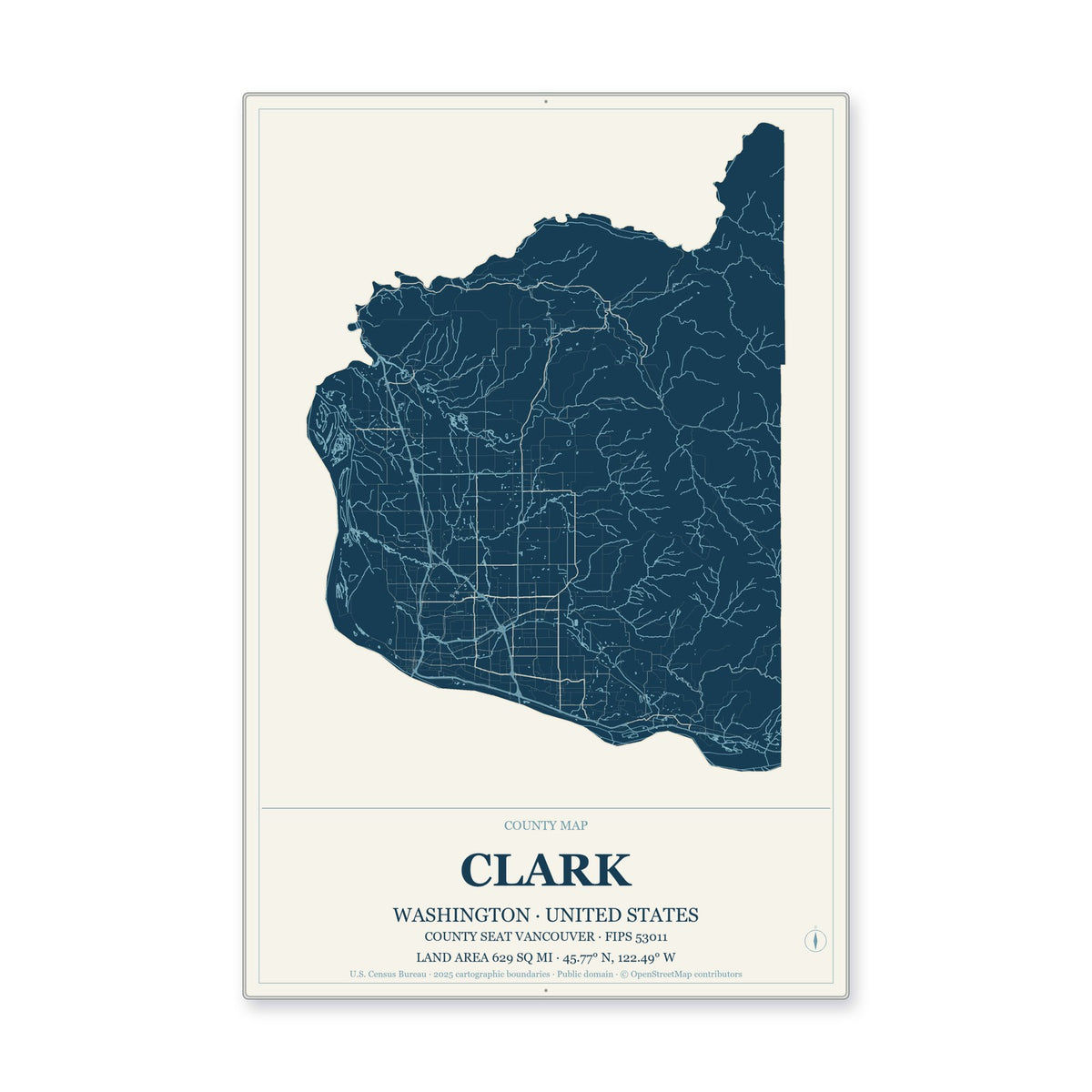 Clark County, Washington Map Aluminum Sign in Coastal Cutout style