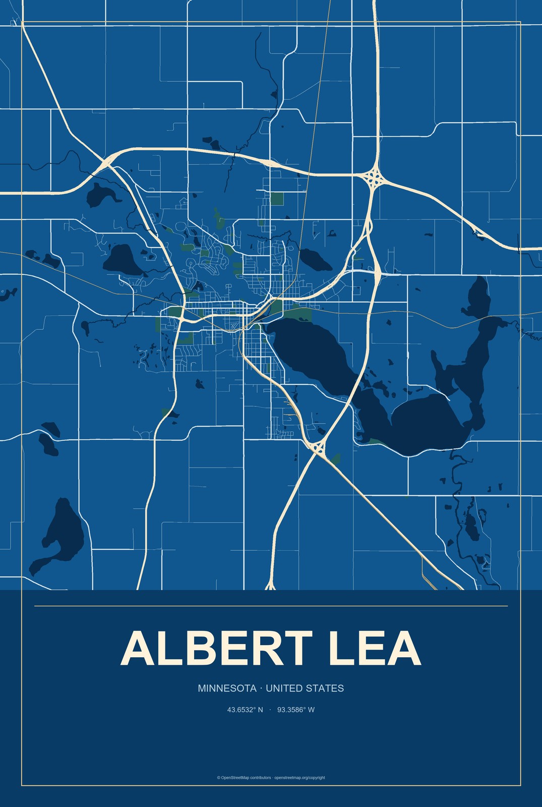 Albert Lea, Minnesota City Map Aluminum Sign in Harbor Cobalt style