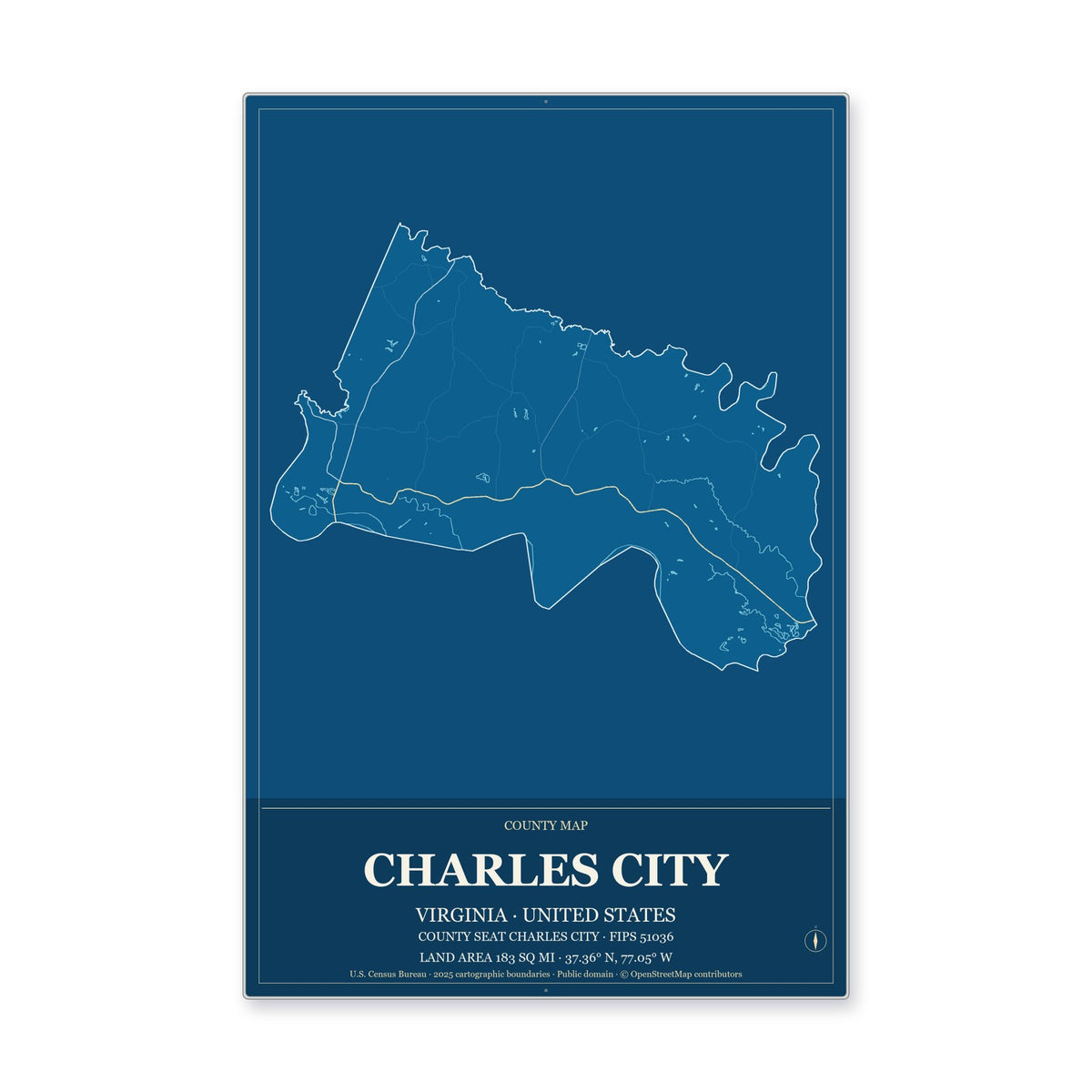Charles City County, Virginia Map Aluminum Sign in Harbor Cobalt style
