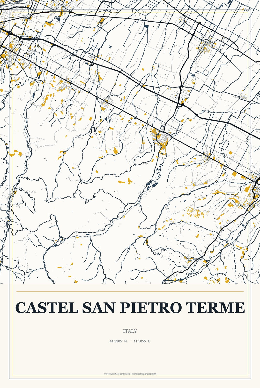Castel San Pietro Terme, Italy City Map Aluminum Sign in Citrine Modern style