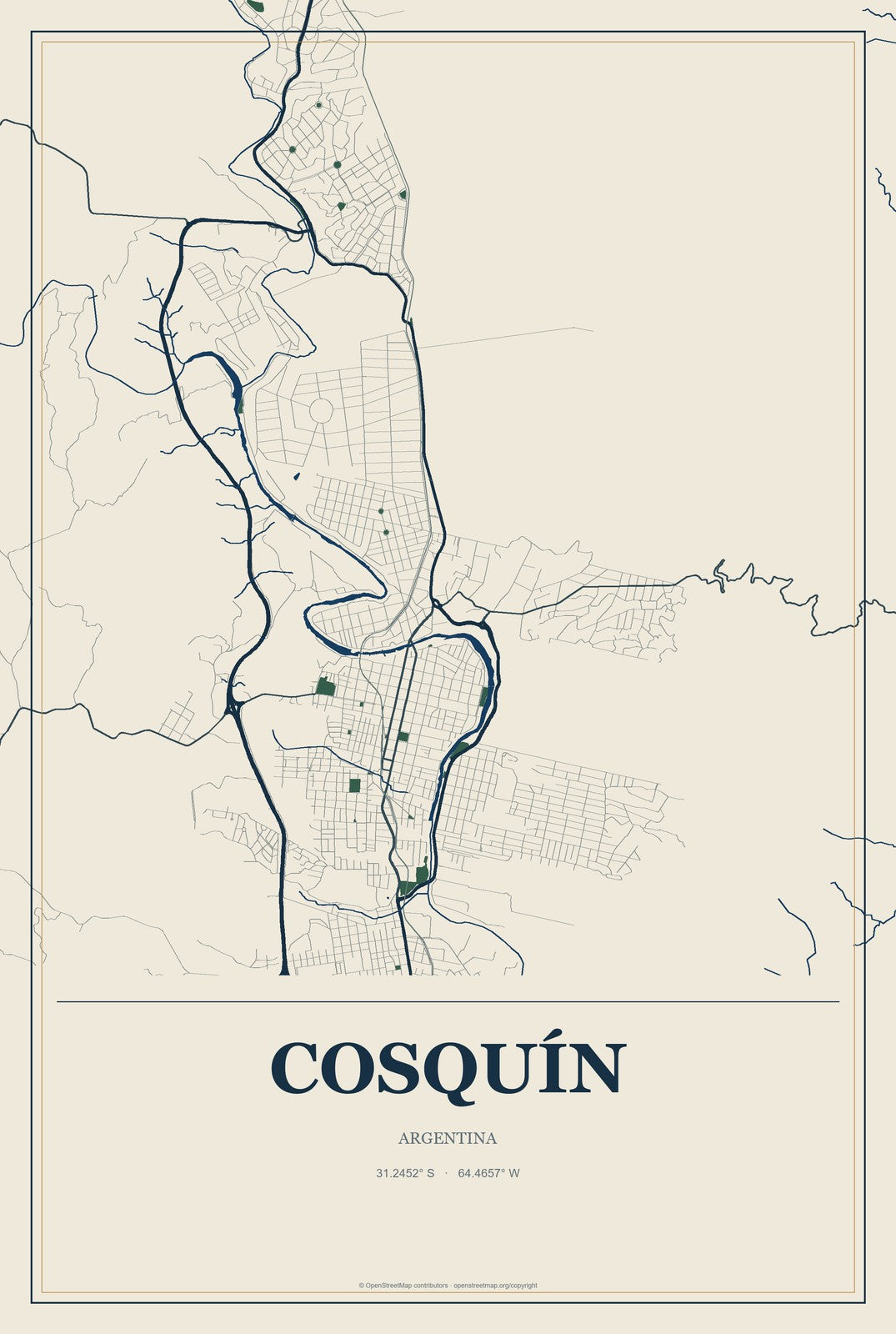 Cosquín, Argentina City Map Aluminum Sign in Coastal Cutout style