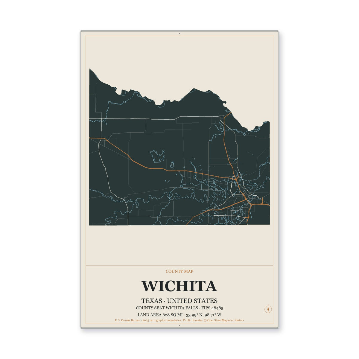 Wichita County, Texas Map Aluminum Sign in Headline Atlas style