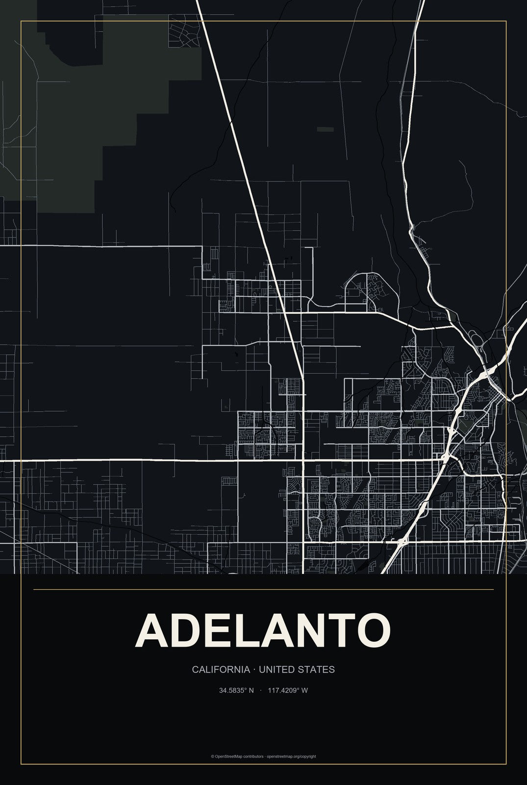 Adelanto, California City Map Aluminum Sign in Metropolitan Noir style
