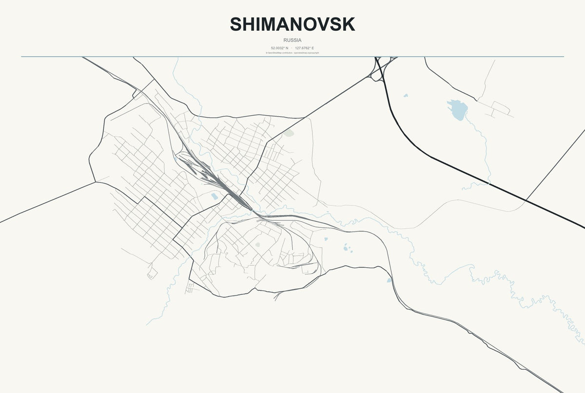 Shimanovsk, Russia City Map Aluminum Sign in Headline Atlas style
