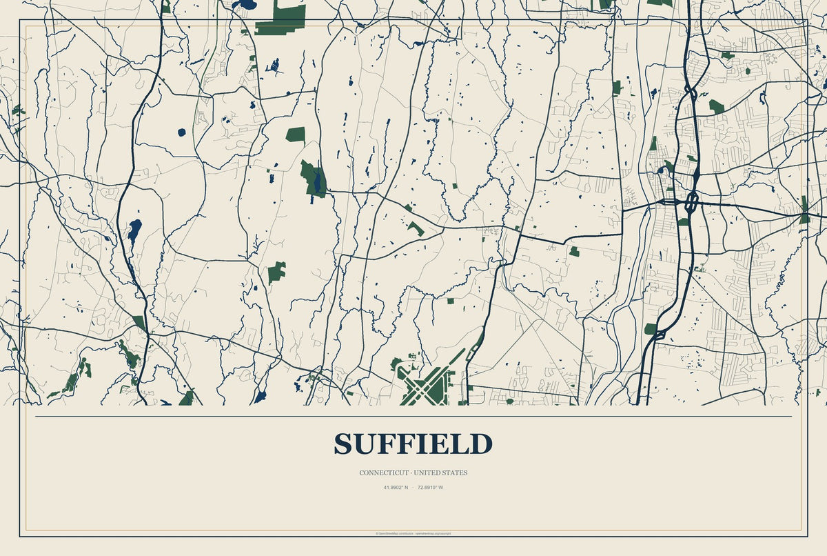 Suffield, Connecticut City Map Aluminum Sign in Coastal Cutout style