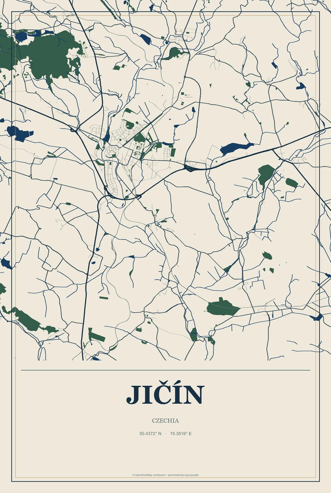 Jičín, Czechia City Map Aluminum Sign in Coastal Cutout style