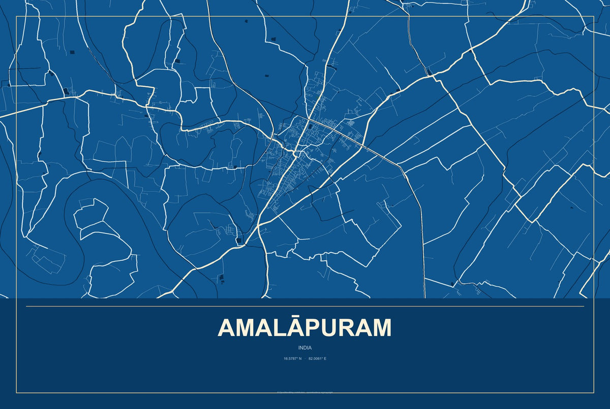 Amalāpuram, India City Map Aluminum Sign in Harbor Cobalt style