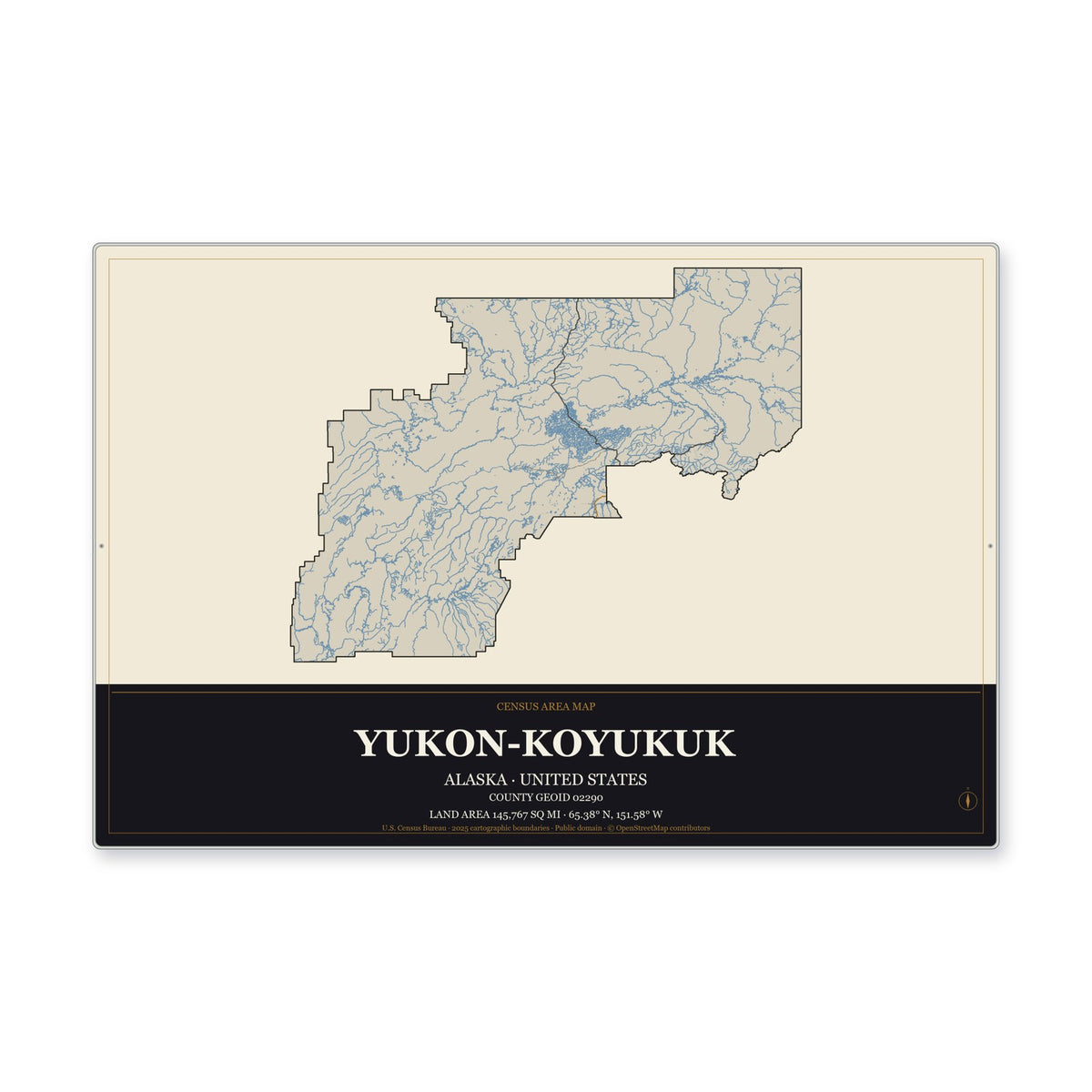 Yukon-Koyukuk Census Area, Alaska Map Aluminum Sign in Museum Plaque style