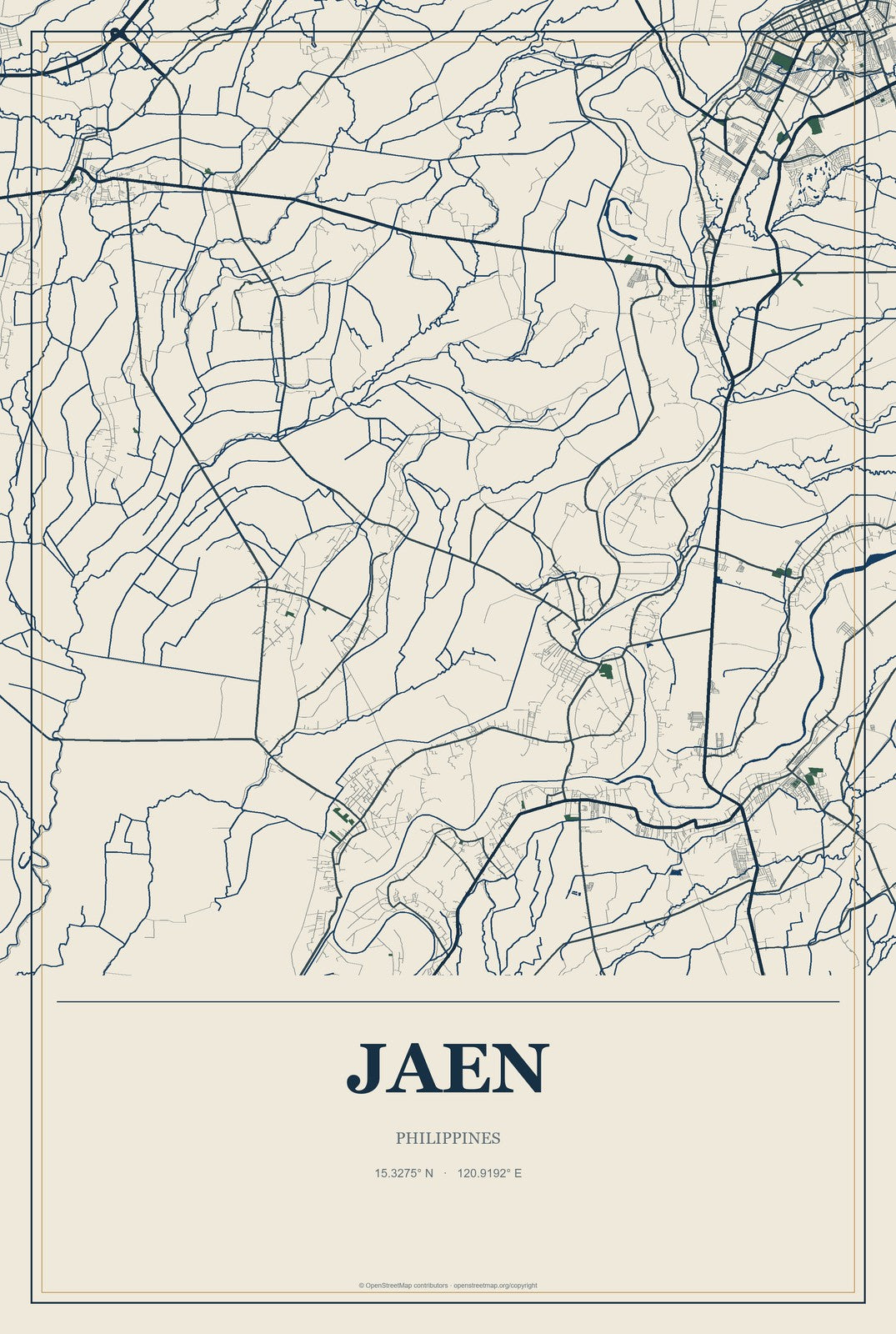 Jaen, Philippines City Map Aluminum Sign in Coastal Cutout style