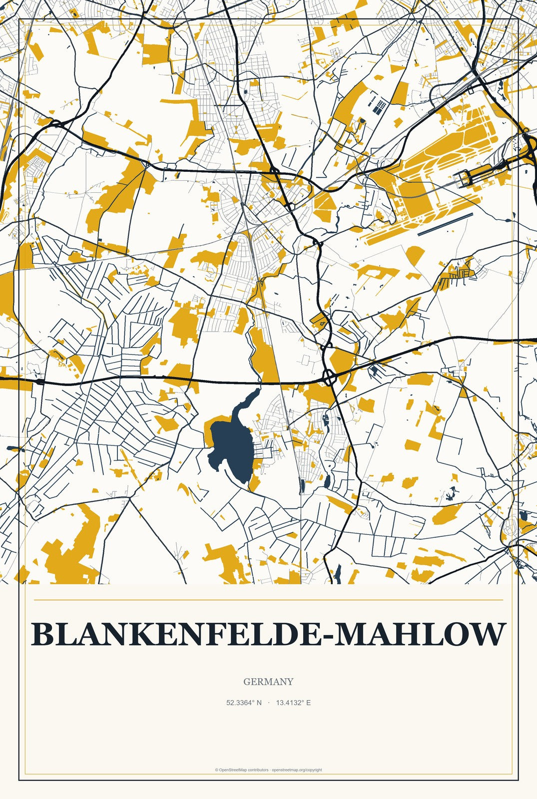 Blankenfelde-Mahlow, Germany City Map Aluminum Sign in Citrine Modern style