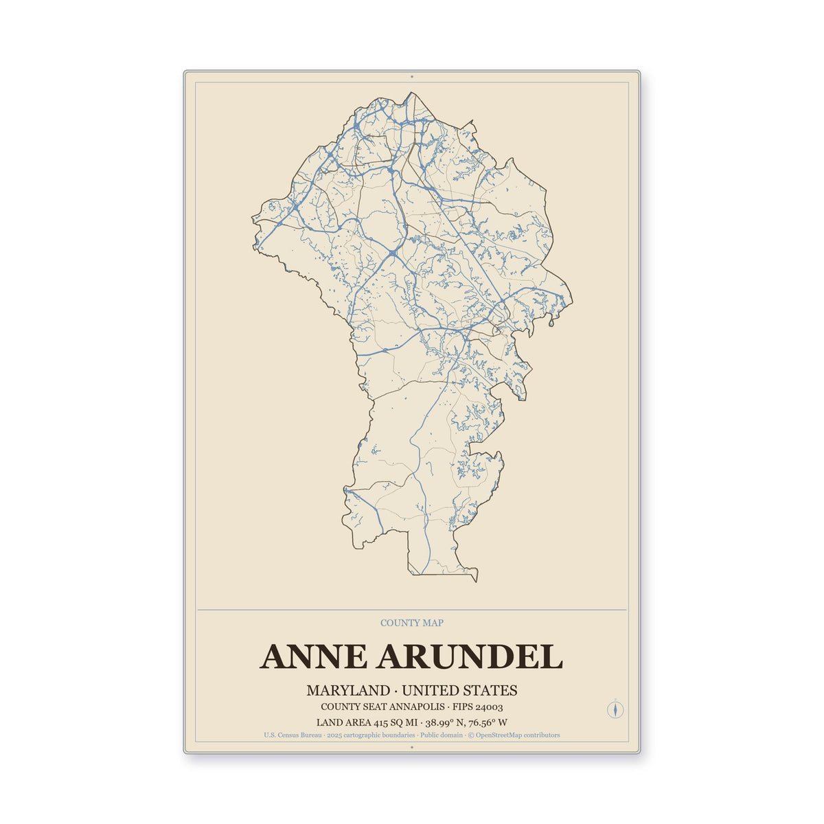 Anne Arundel County, Maryland Map Aluminum Sign in Heritage Nautical style
