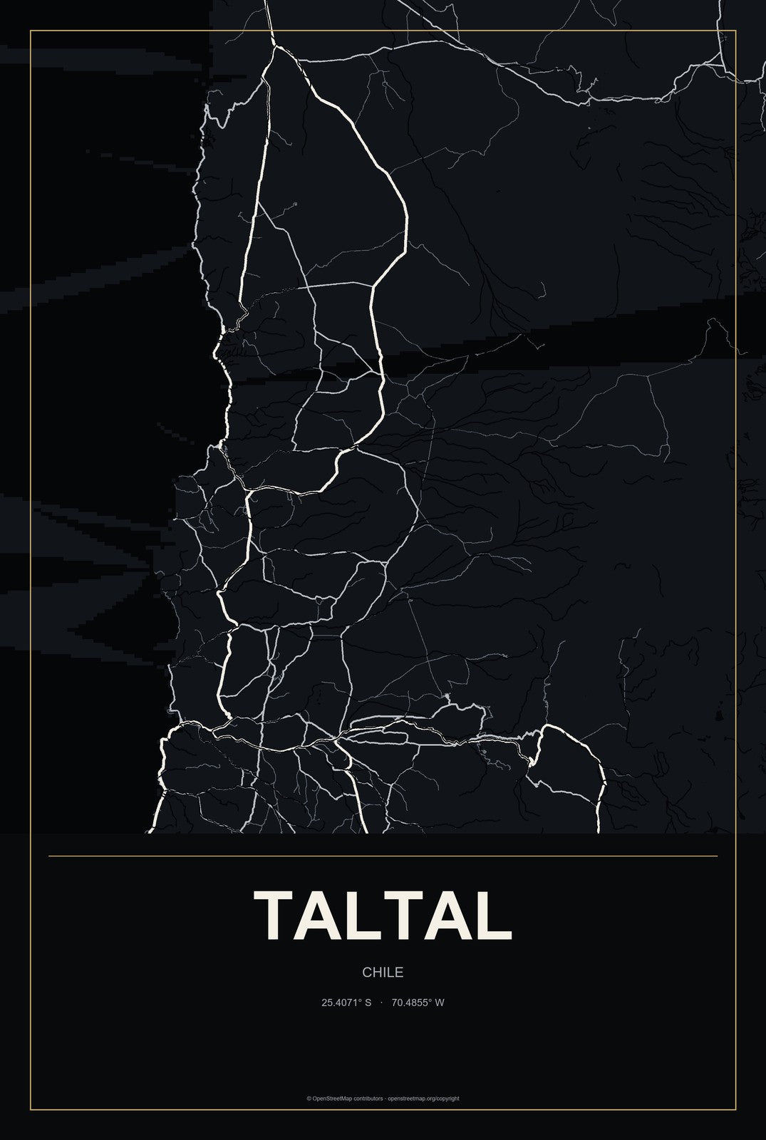 Taltal, Chile City Map Aluminum Sign in Metropolitan Noir style