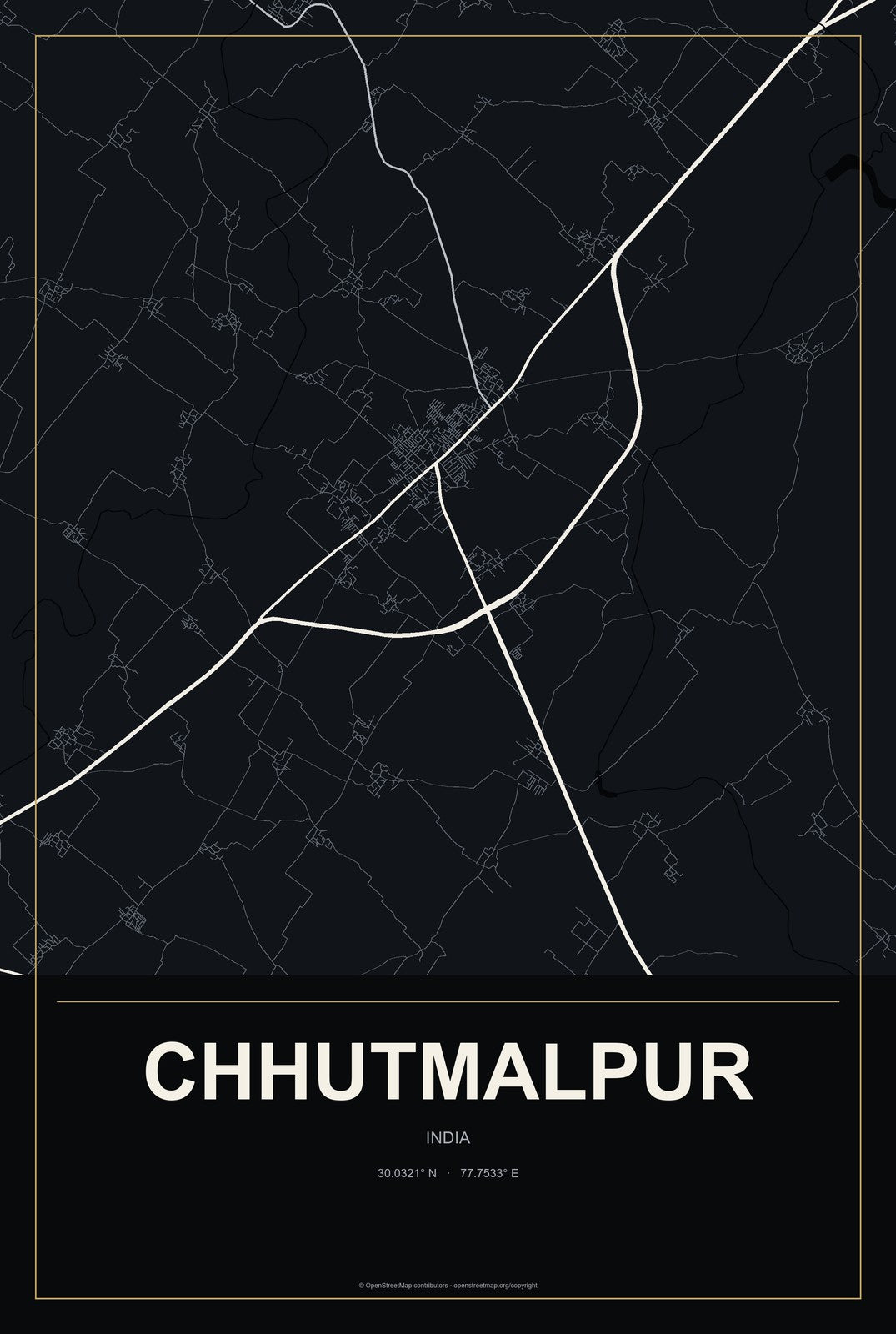 Chhutmalpur, India City Map Aluminum Sign in Metropolitan Noir style