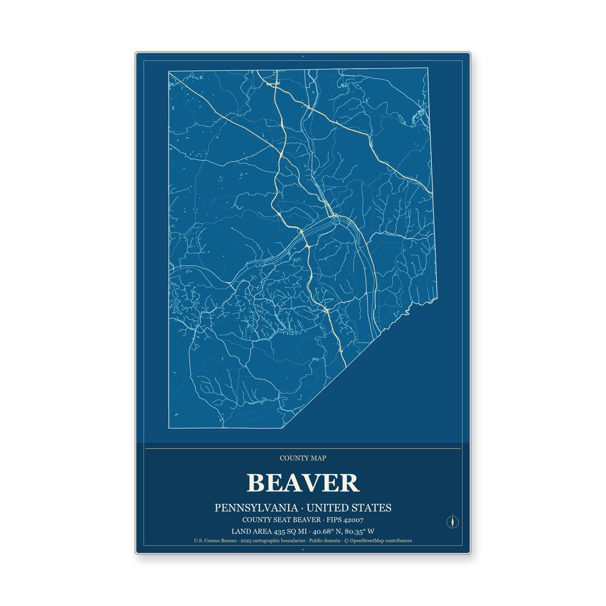 Beaver County, Pennsylvania Map Aluminum Sign in Harbor Cobalt style