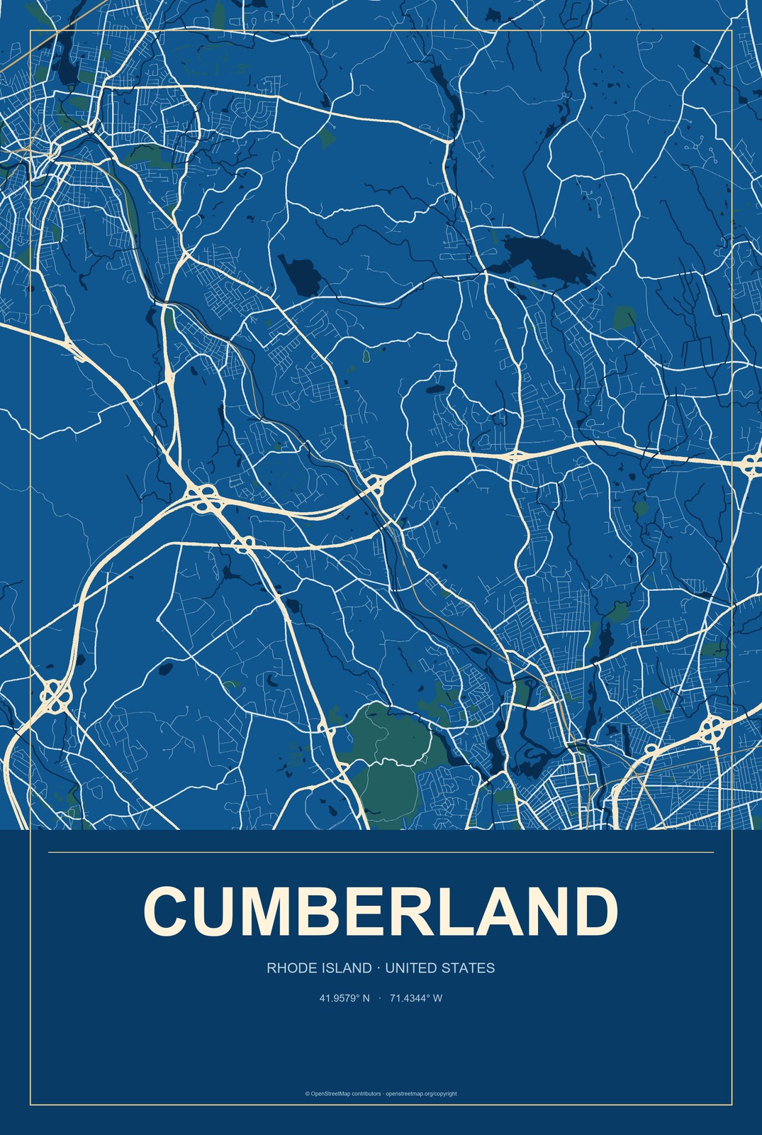 Cumberland, Rhode Island City Map Aluminum Sign in Harbor Cobalt style