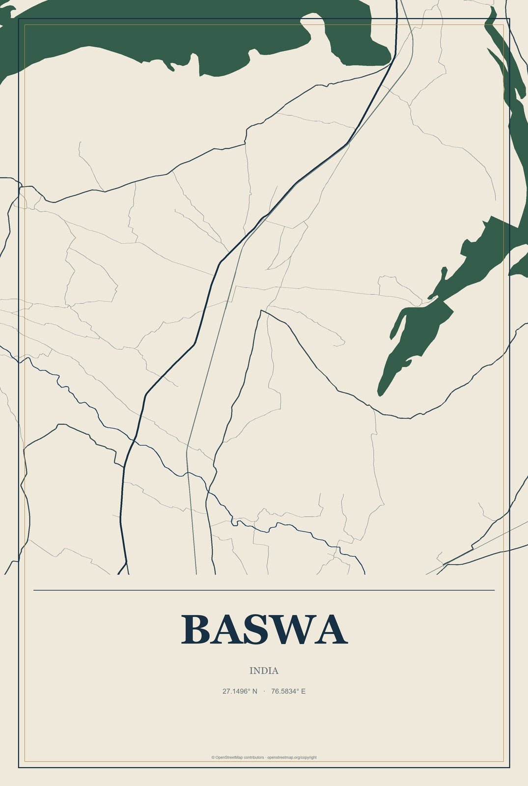 Baswa, India City Map Aluminum Sign in Coastal Cutout style