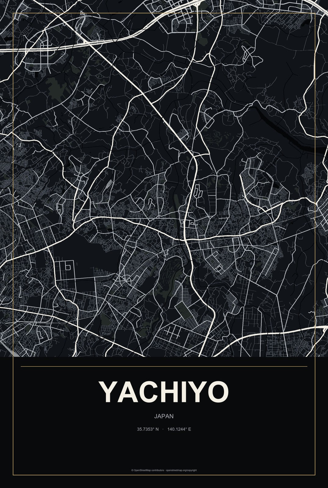 Yachiyo, Chiba, Japan City Map Aluminum Sign in Metropolitan Noir style