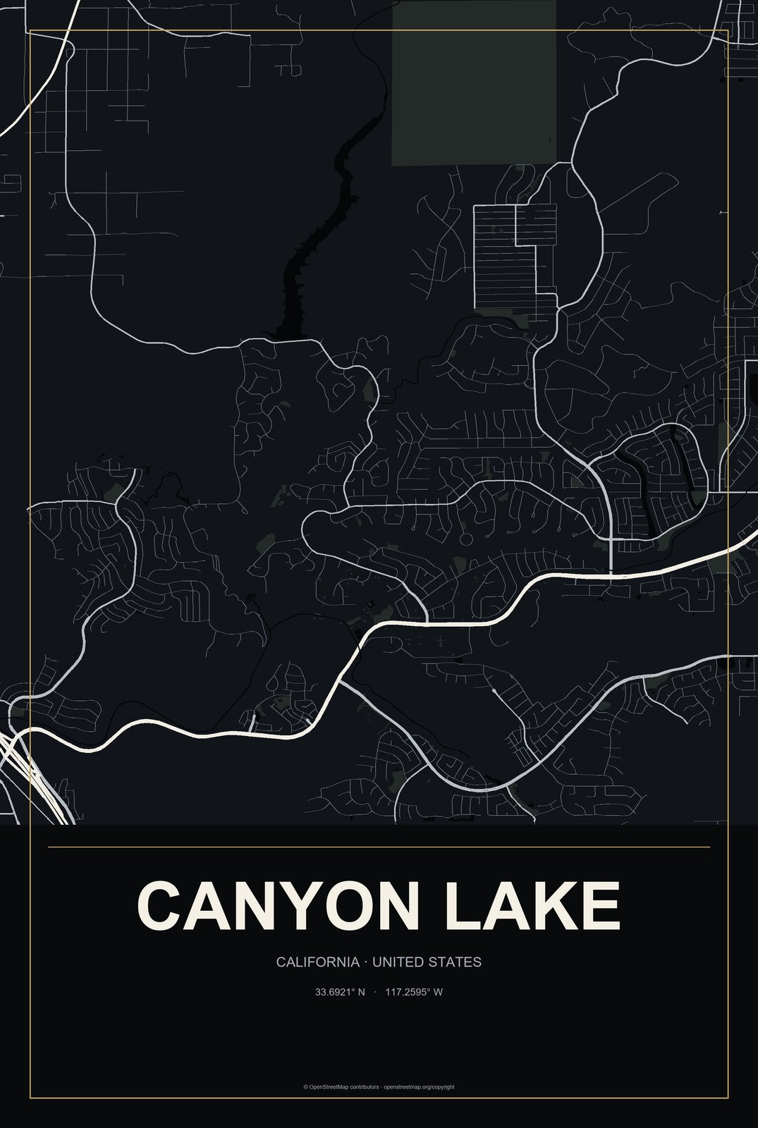 Canyon Lake, California City Map Aluminum Sign in Metropolitan Noir style