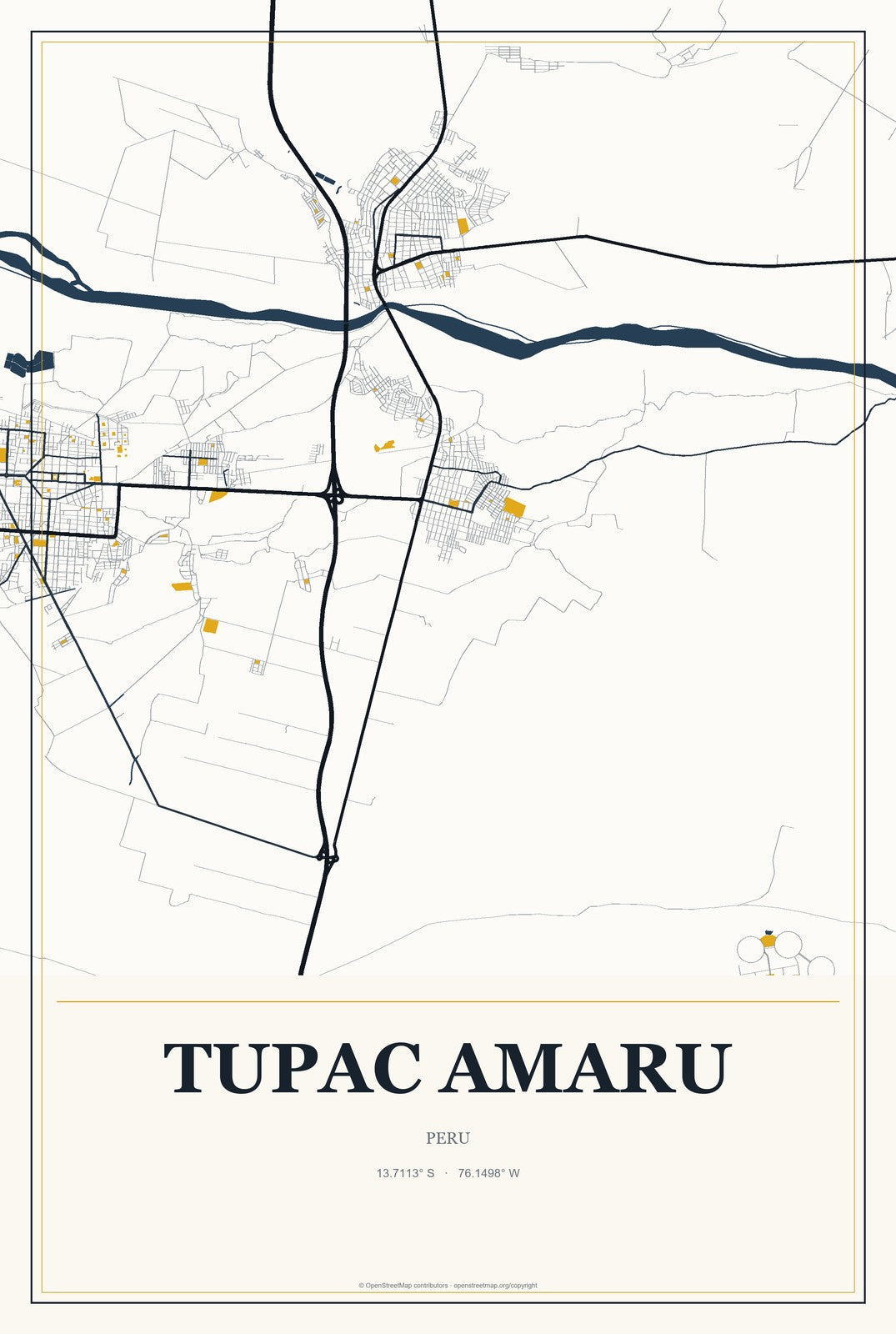 Tupac Amaru, Peru City Map Aluminum Sign in Citrine Modern style