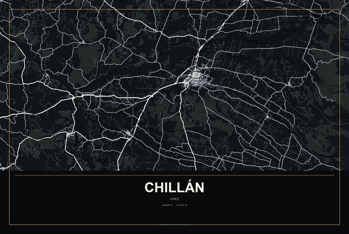 Chillán, Chile City Map Aluminum Sign in Metropolitan Noir style