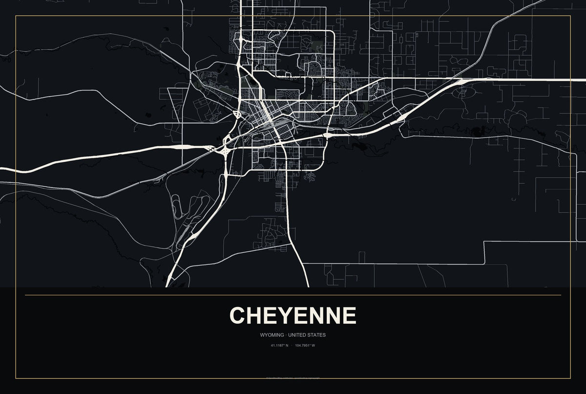 Cheyenne, Wyoming City Map Aluminum Sign in Metropolitan Noir style