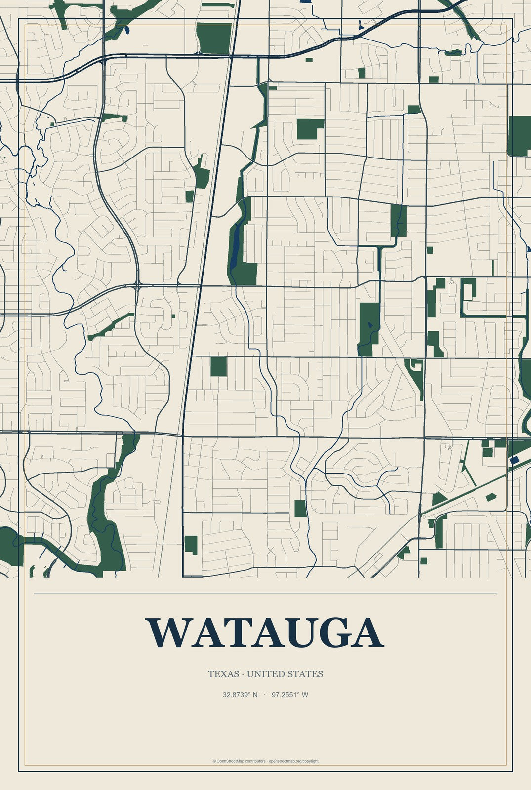 Watauga, Texas City Map Aluminum Sign in Coastal Cutout style
