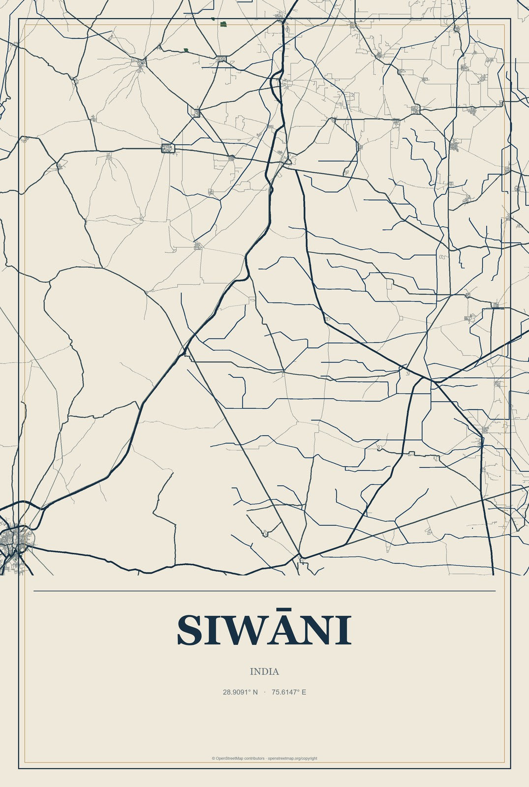 Siwāni, India City Map Aluminum Sign in Coastal Cutout style