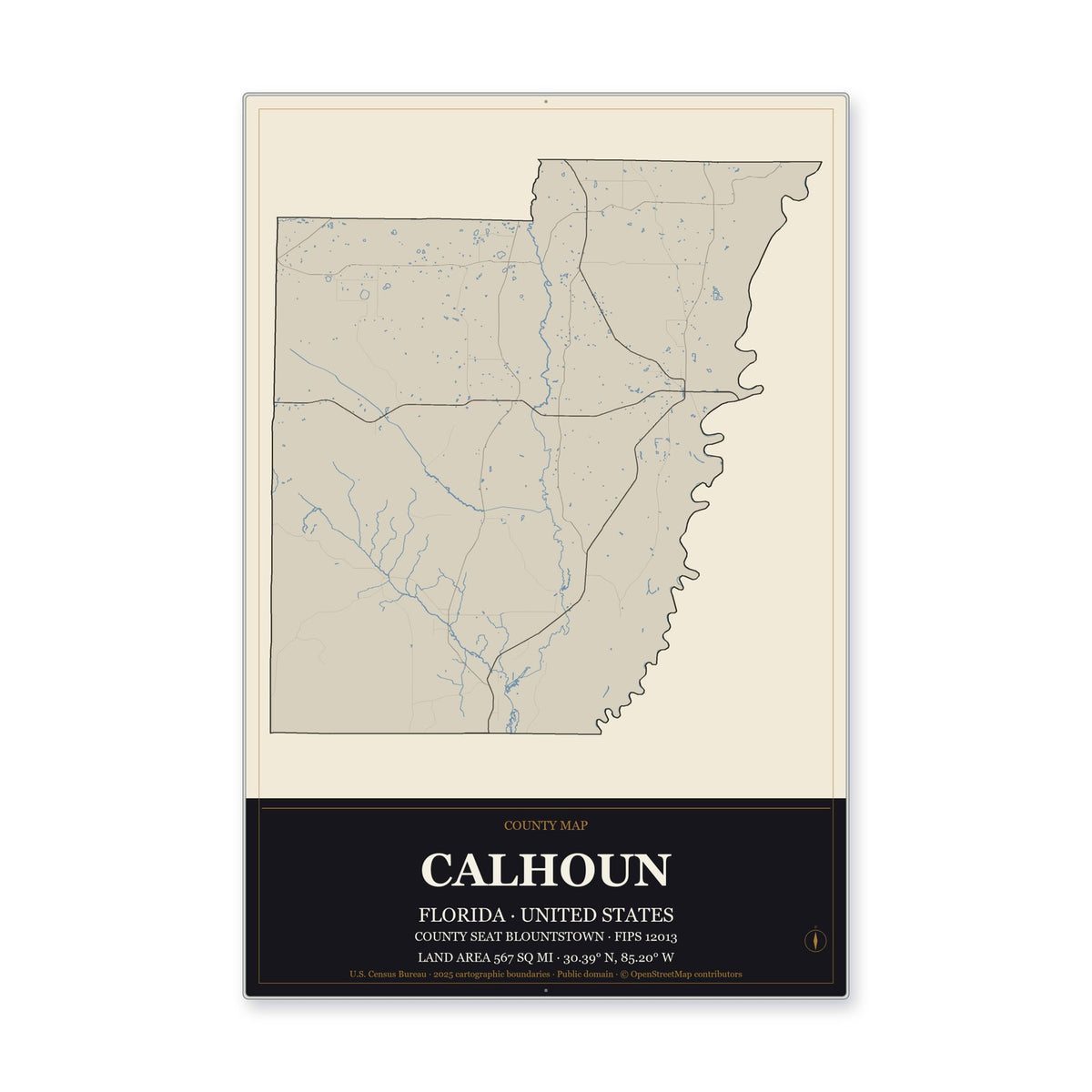 Calhoun County, Florida Map Aluminum Sign in Museum Plaque style