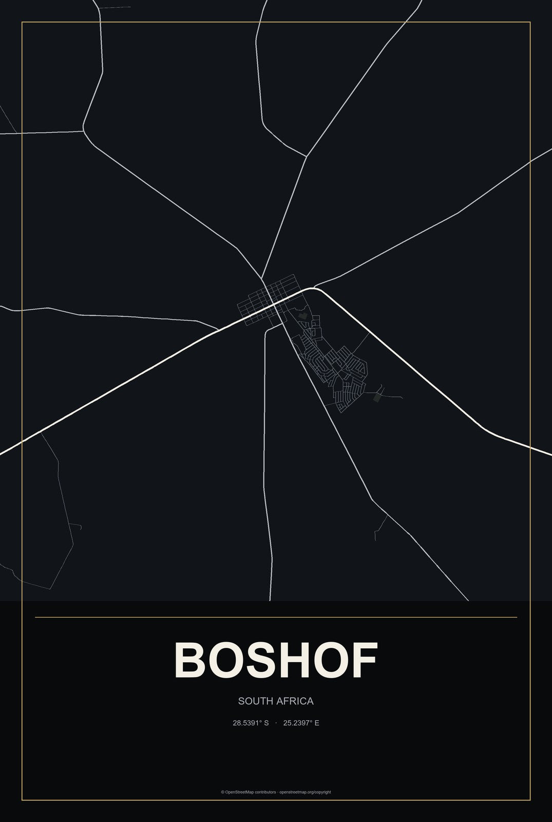 Boshof, South Africa City Map Aluminum Sign in Metropolitan Noir style