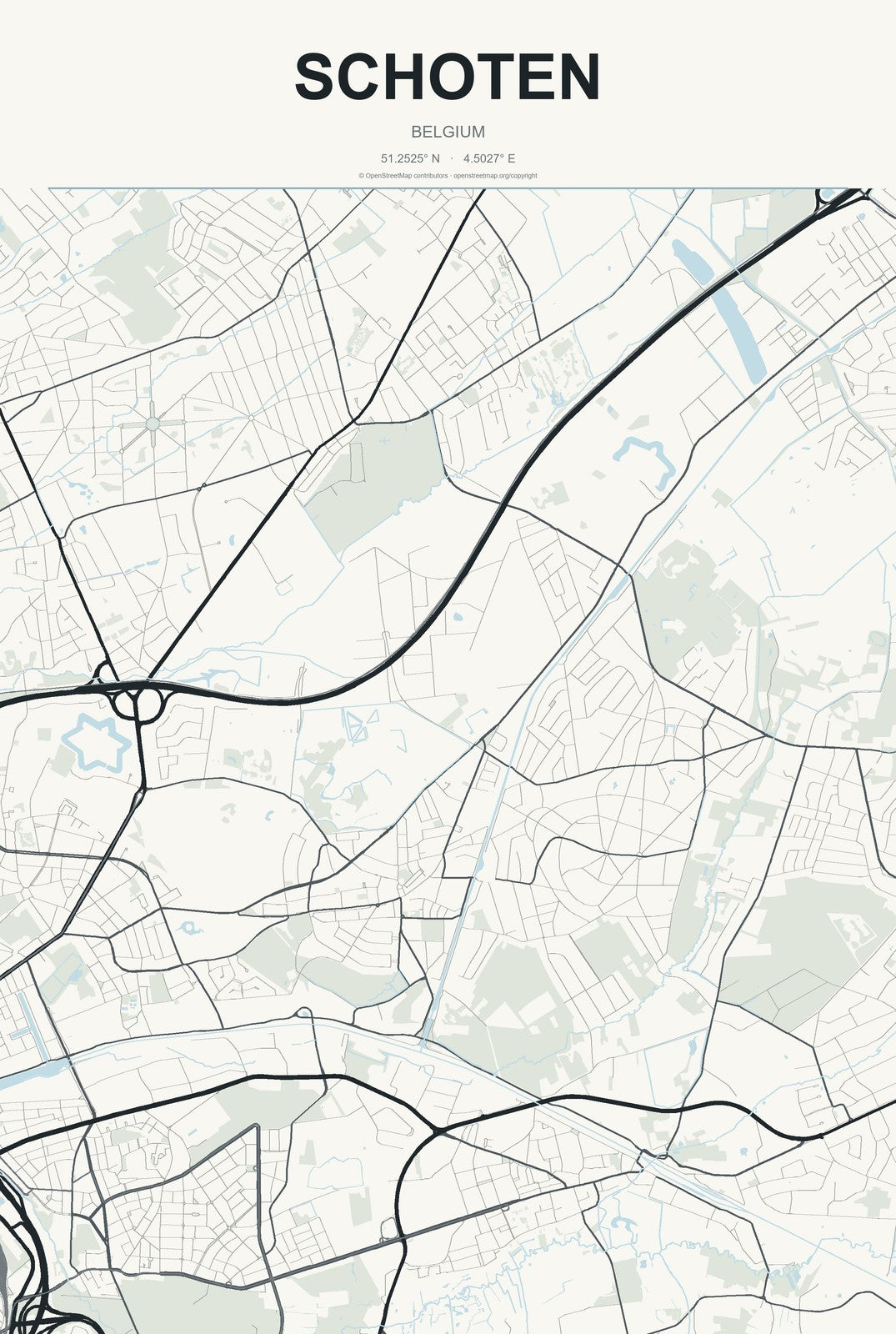 Schoten, Belgium City Map Aluminum Sign in Headline Atlas style