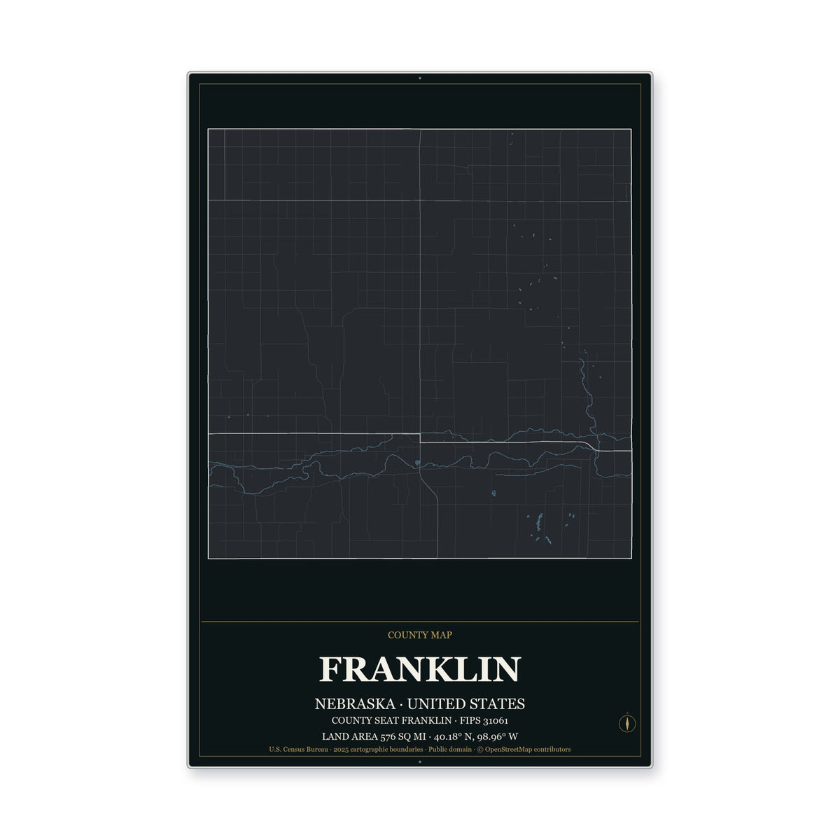 Franklin County, Nebraska Map Aluminum Sign in Metropolitan Noir style