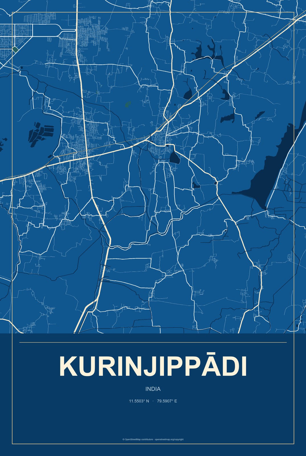 Kurinjippādi, India City Map Aluminum Sign in Harbor Cobalt style
