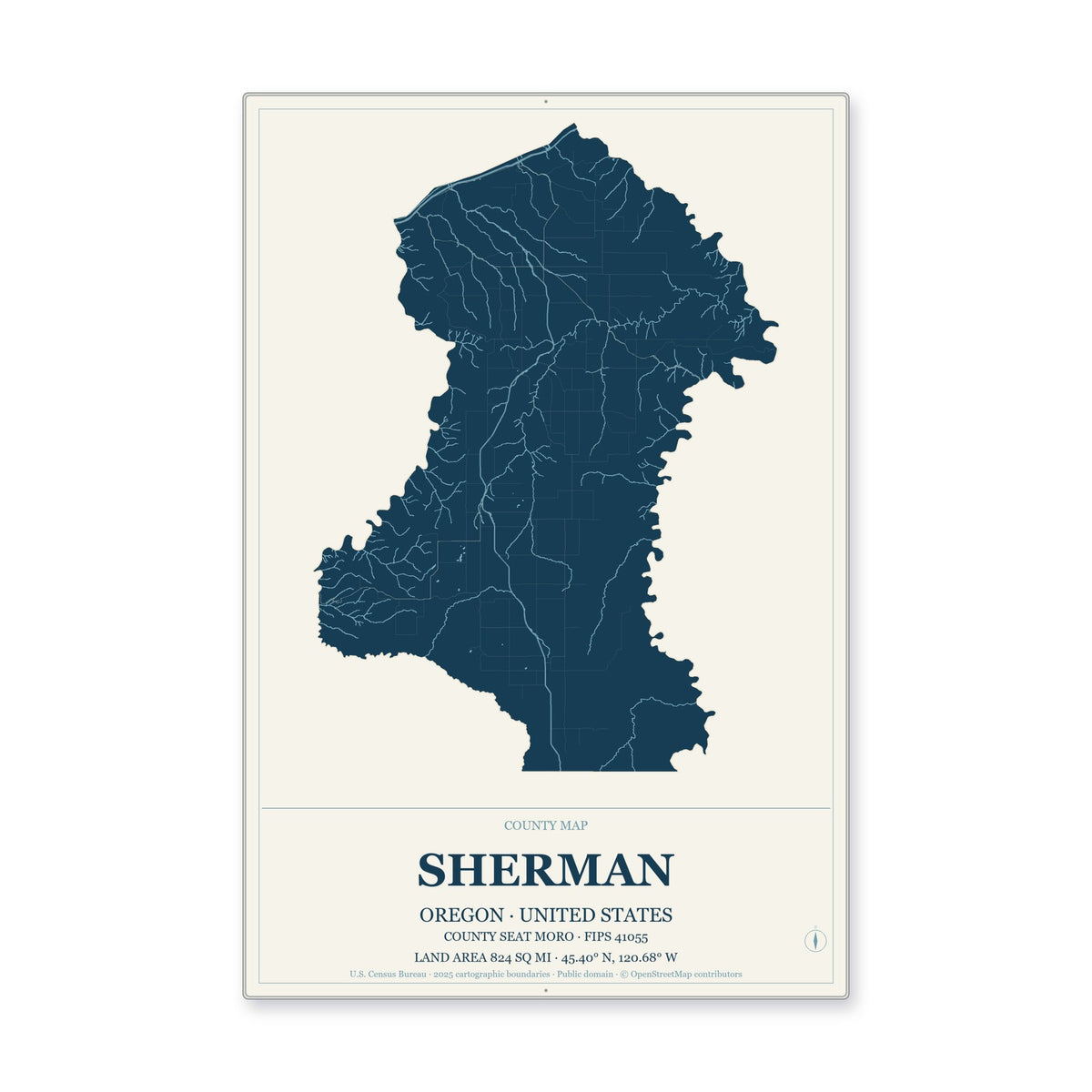 Sherman County, Oregon Map Aluminum Sign in Coastal Cutout style