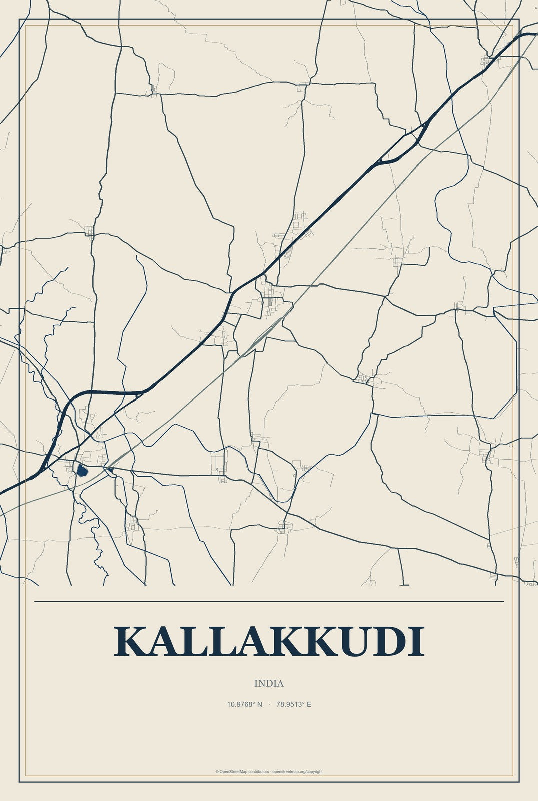 Kallakkudi, India City Map Aluminum Sign in Coastal Cutout style