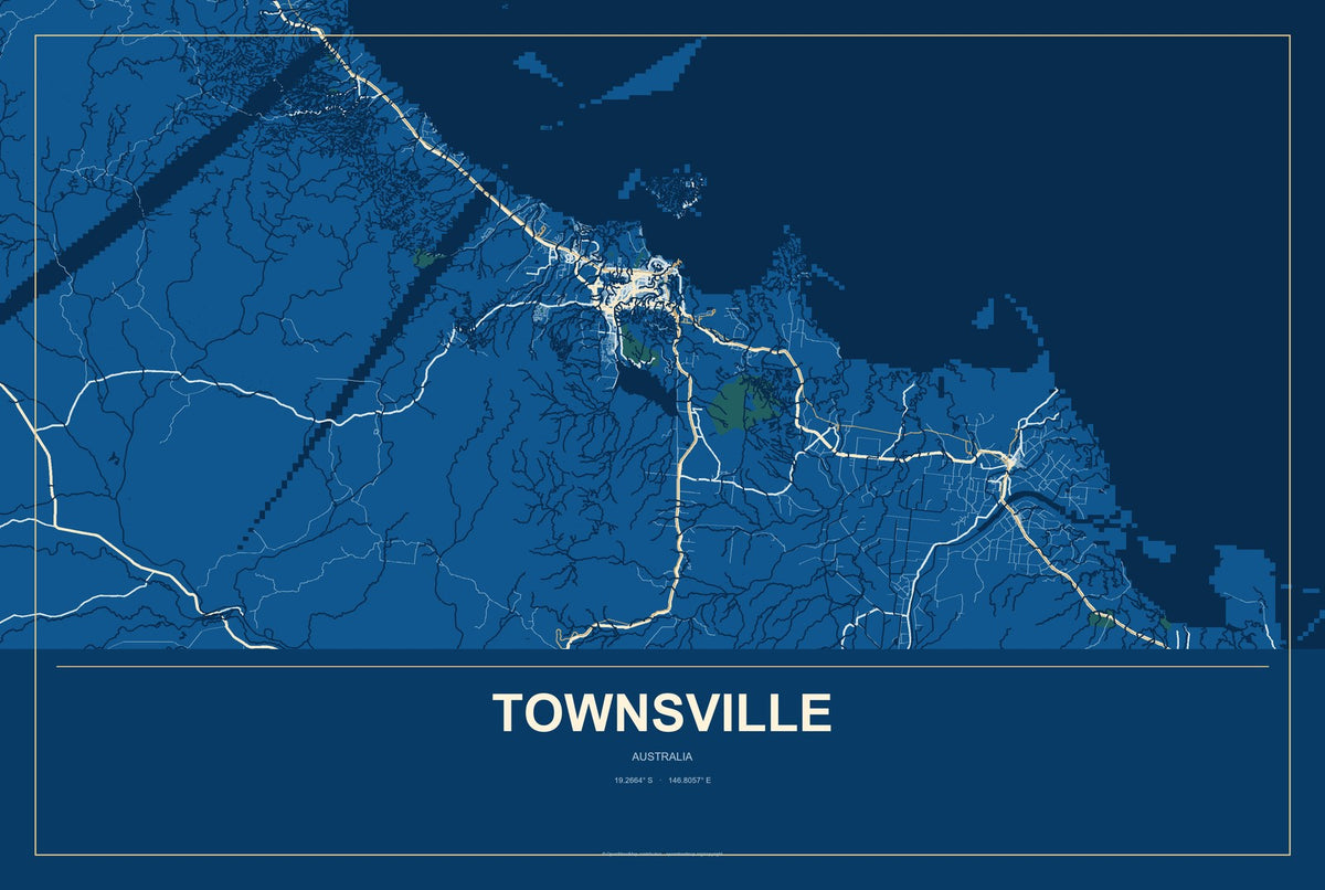 Townsville, Australia City Map Aluminum Sign in Harbor Cobalt style
