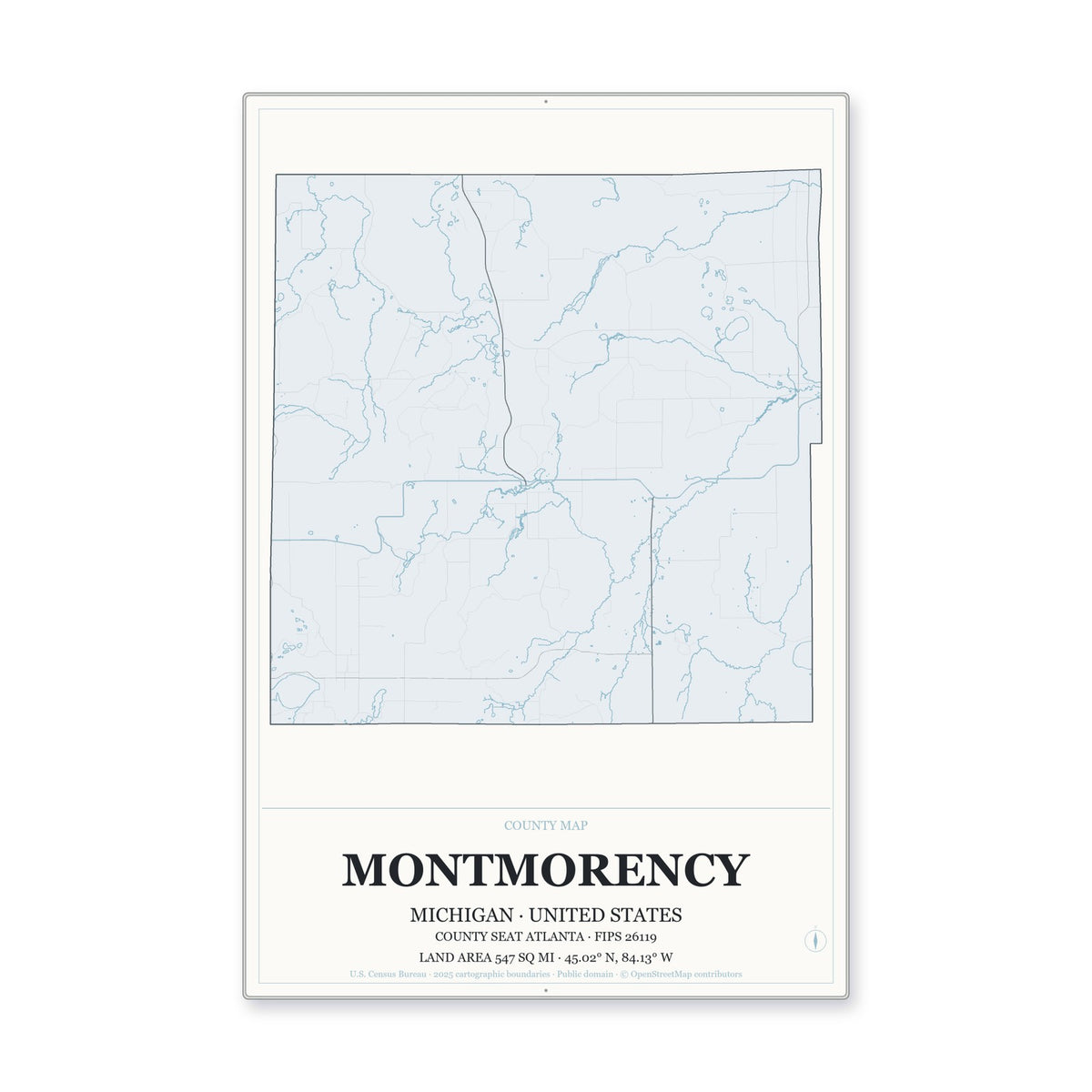 Montmorency County, Michigan Map Aluminum Sign in Gallery Air style