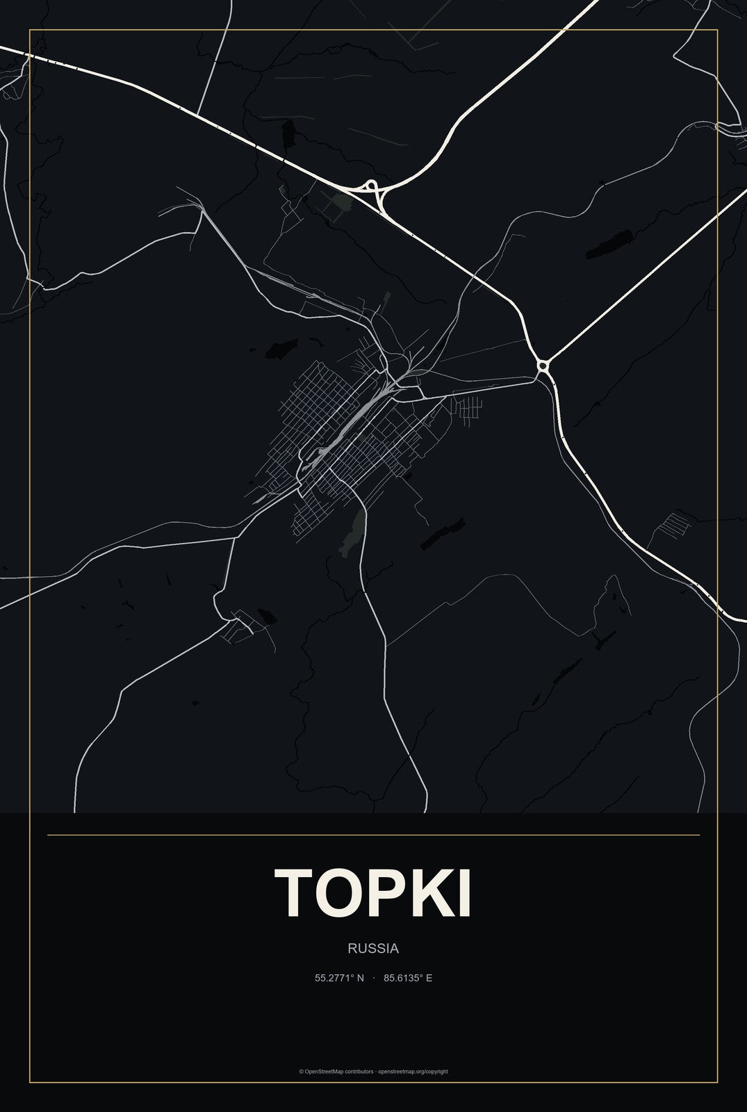 Topki, Russia City Map Aluminum Sign in Metropolitan Noir style