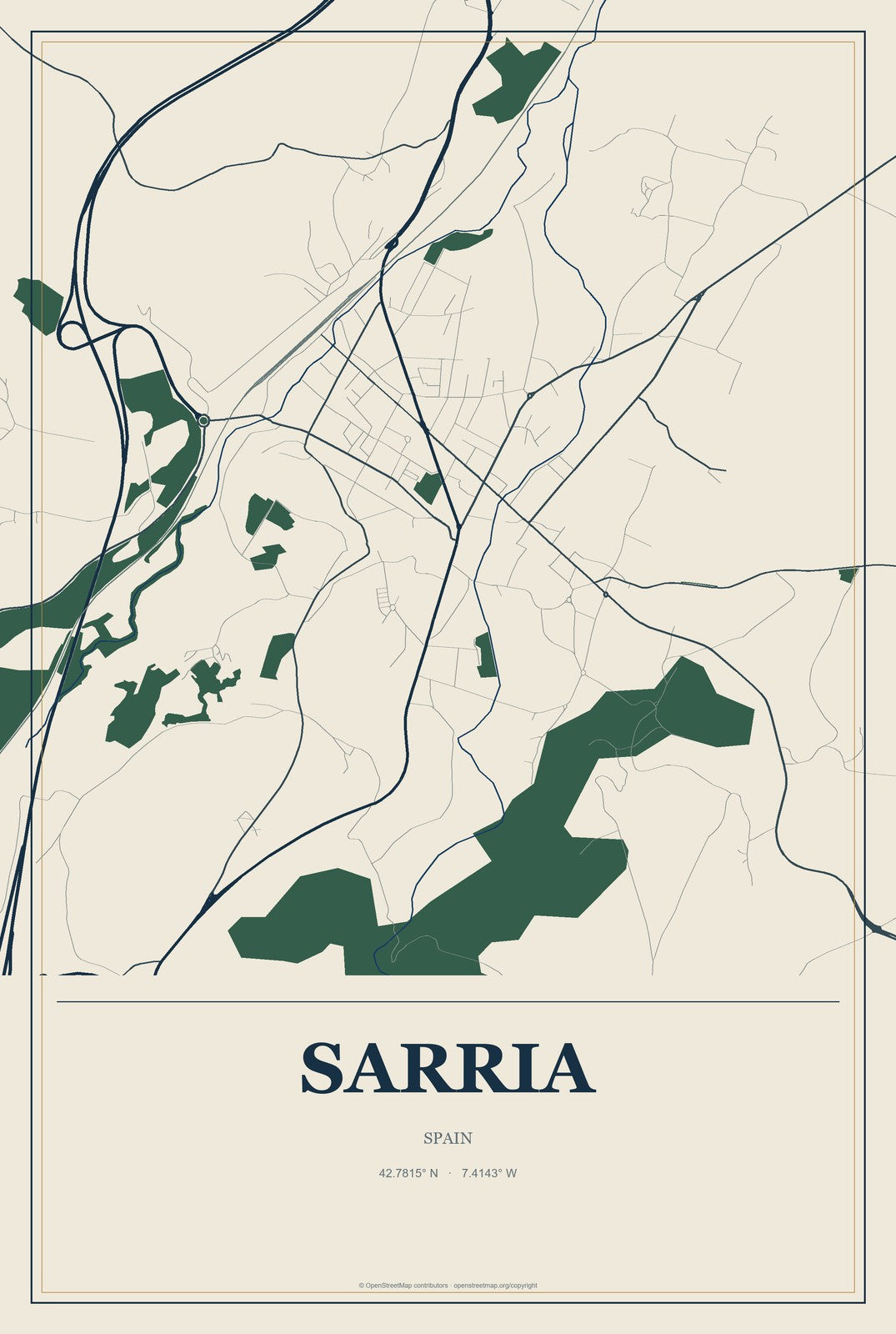 Sarria, Spain City Map Aluminum Sign in Coastal Cutout style