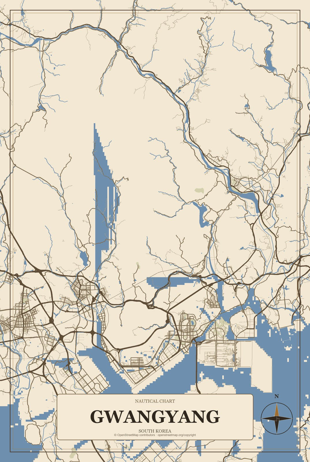 Gwangyang, South Korea City Map Aluminum Sign in Heritage Nautical style