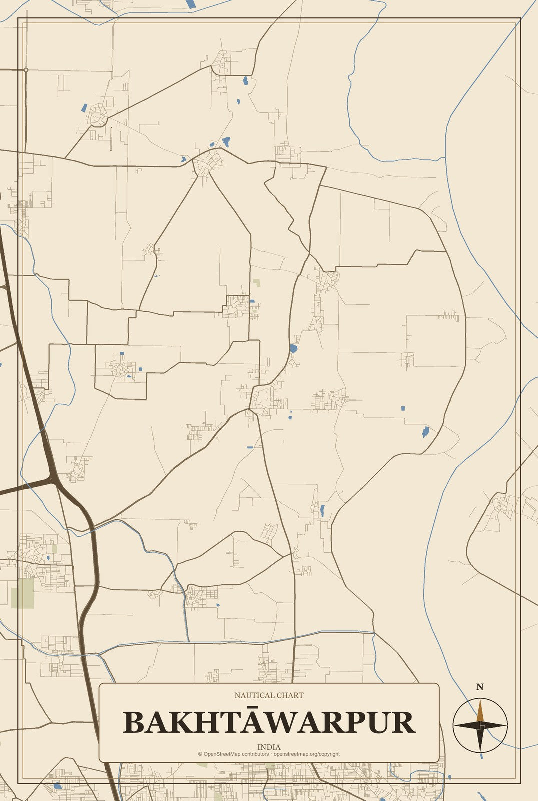 Bakhtāwarpur, India City Map Aluminum Sign in Heritage Nautical style