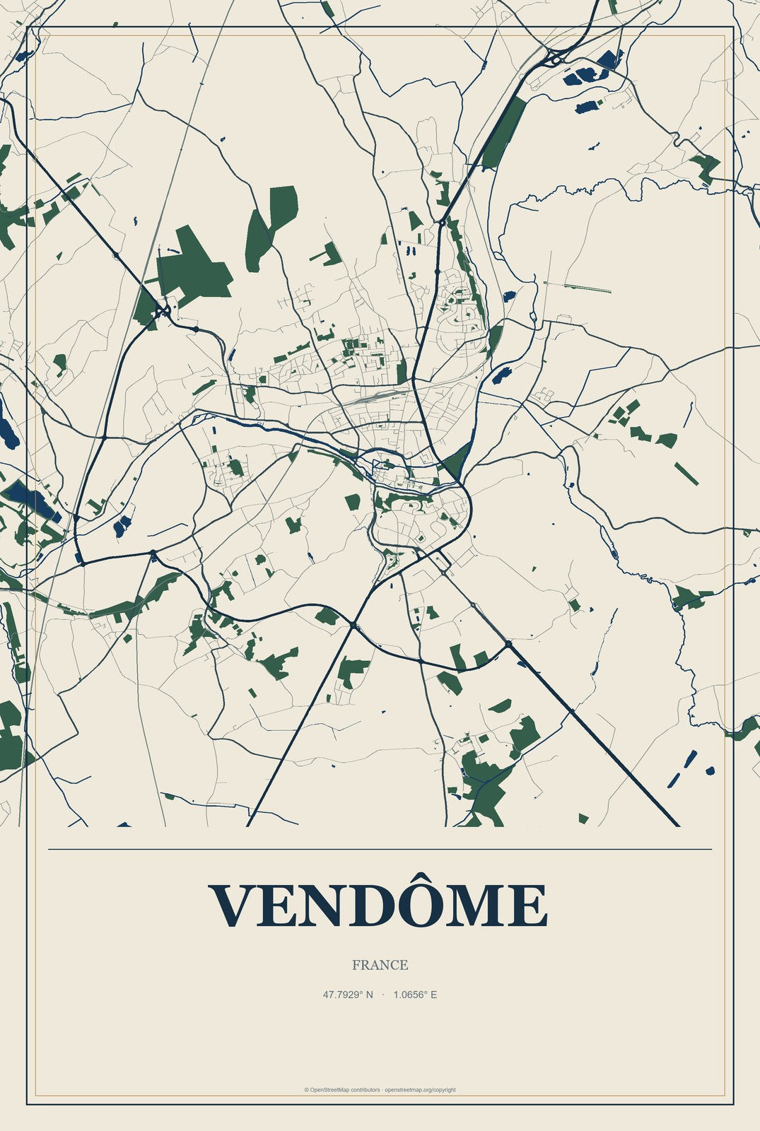 Vendôme, France City Map Aluminum Sign in Coastal Cutout style
