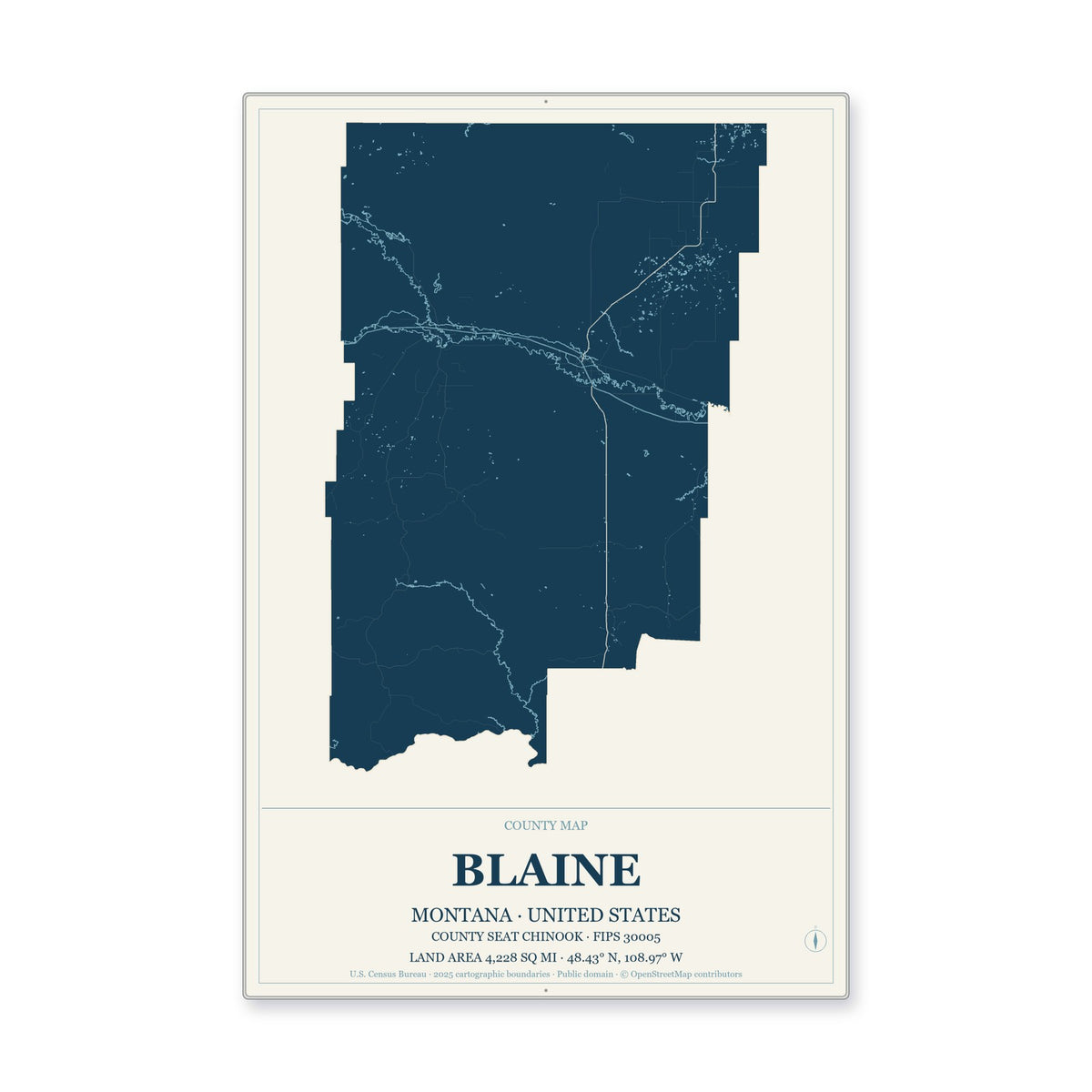 Blaine County, Montana Map Aluminum Sign in Coastal Cutout style