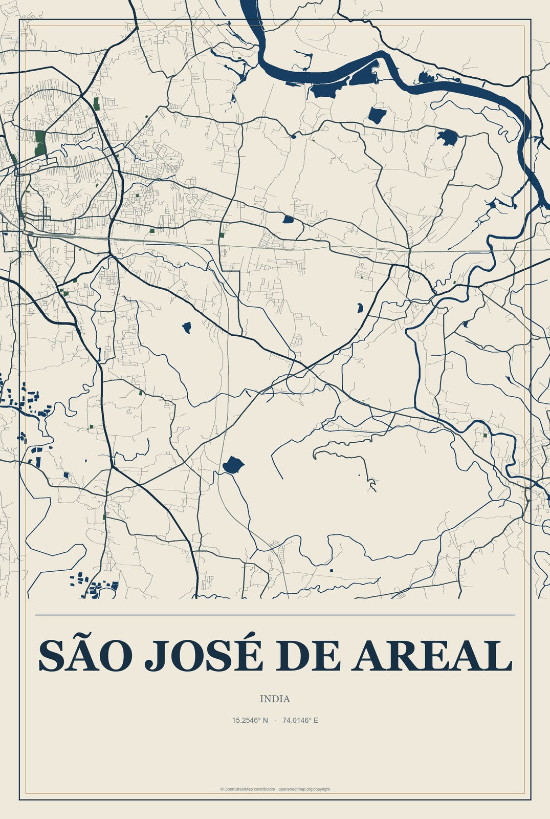 São José de Areal, India City Map Aluminum Sign in Coastal Cutout style