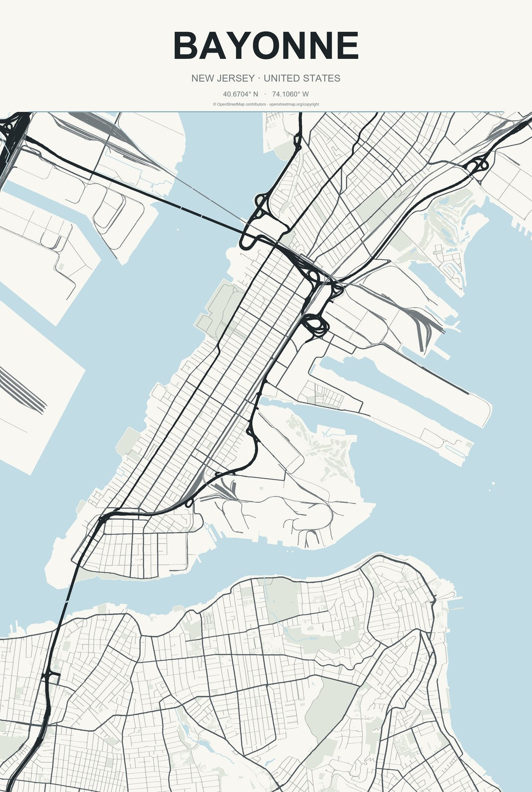 Bayonne, New Jersey City Map Aluminum Sign in Headline Atlas style