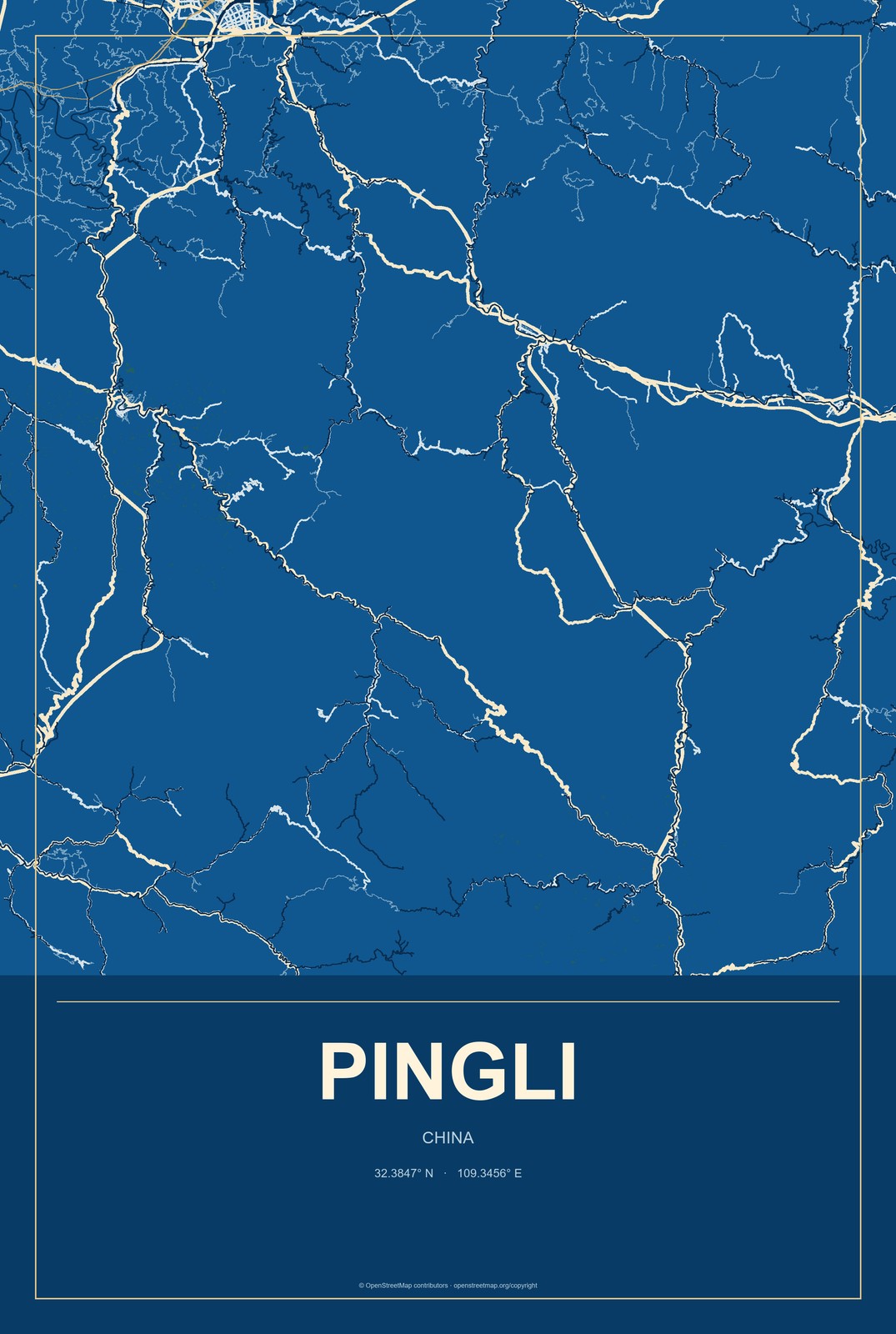 Pingli, China City Map Aluminum Sign in Harbor Cobalt style