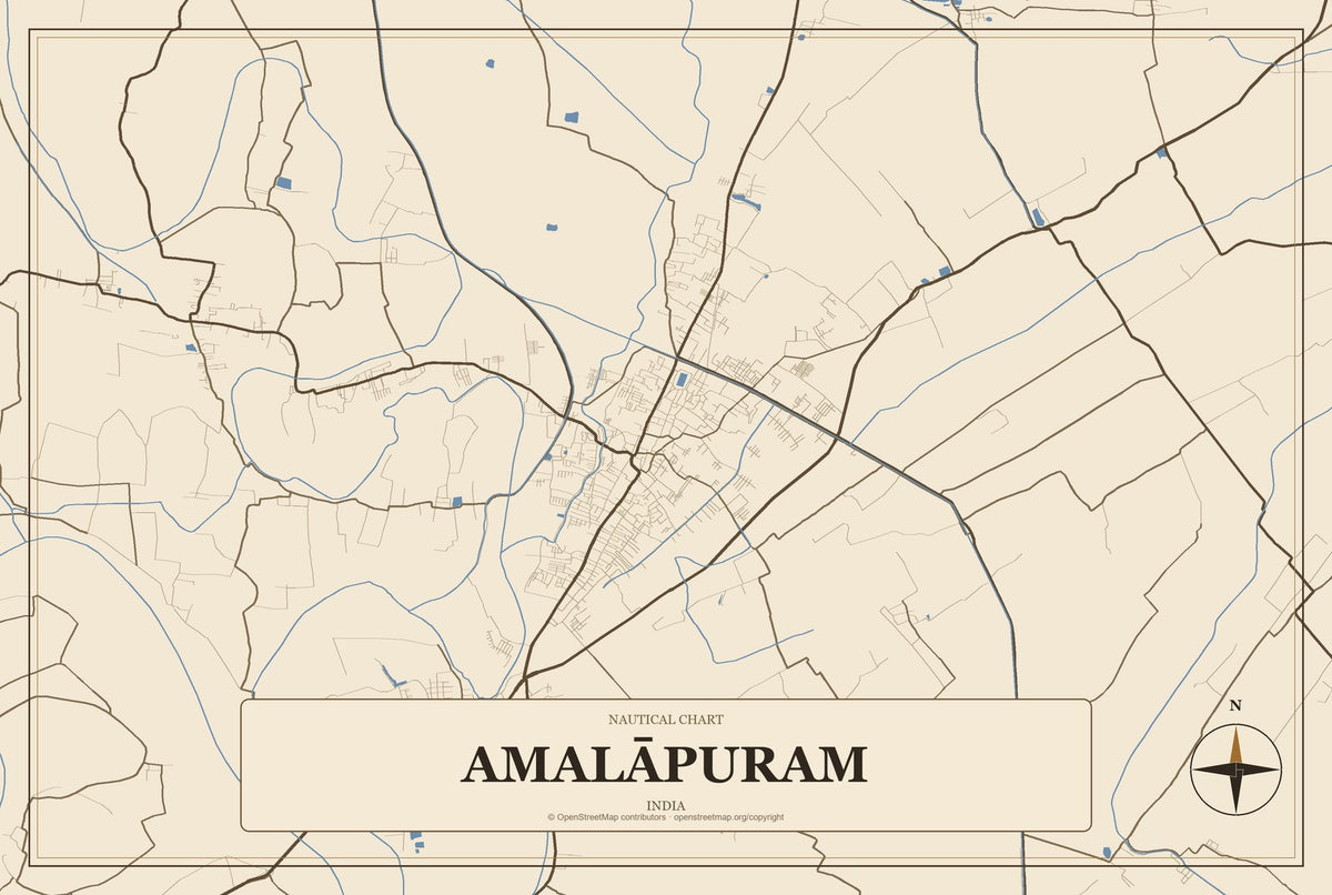 Amalāpuram, India City Map Aluminum Sign in Heritage Nautical style