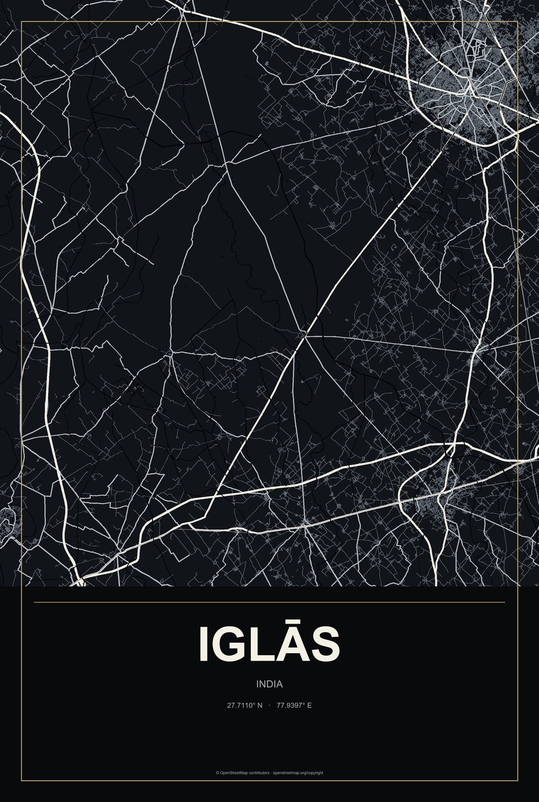 Iglās, India City Map Aluminum Sign in Metropolitan Noir style
