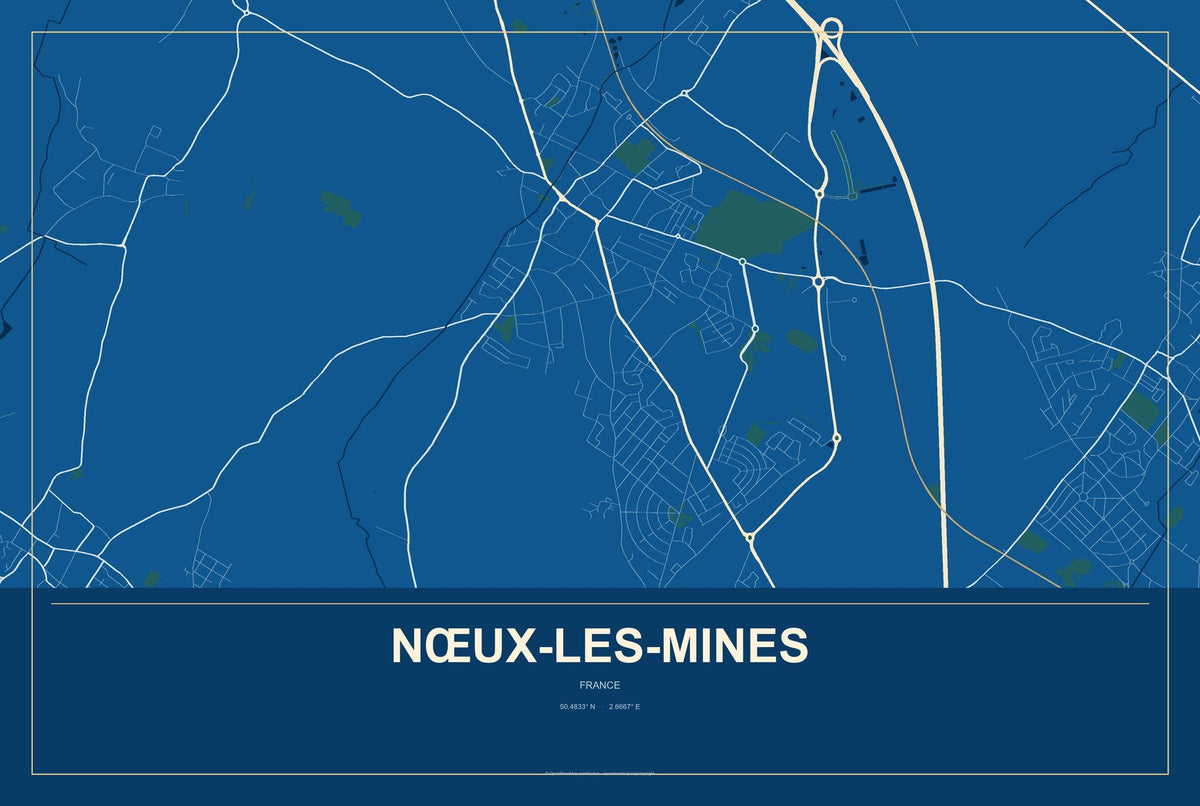 Nœux-les-Mines, France City Map Aluminum Sign in Harbor Cobalt style