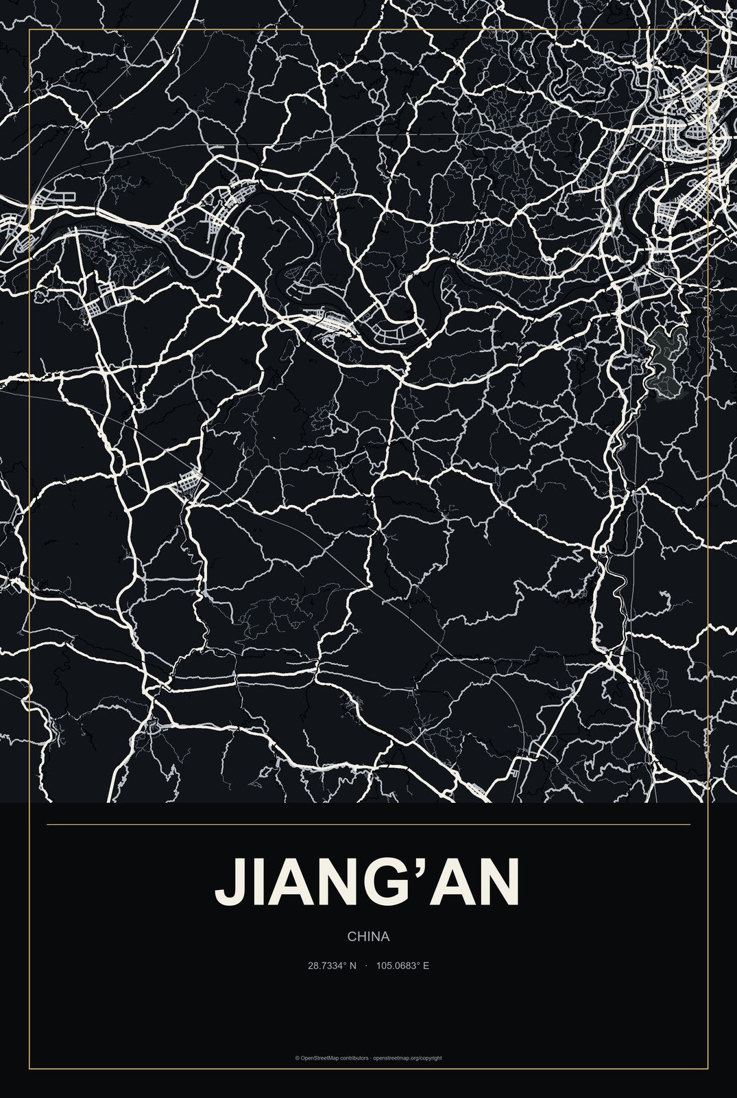 Jiang’an, China City Map Aluminum Sign in Metropolitan Noir style