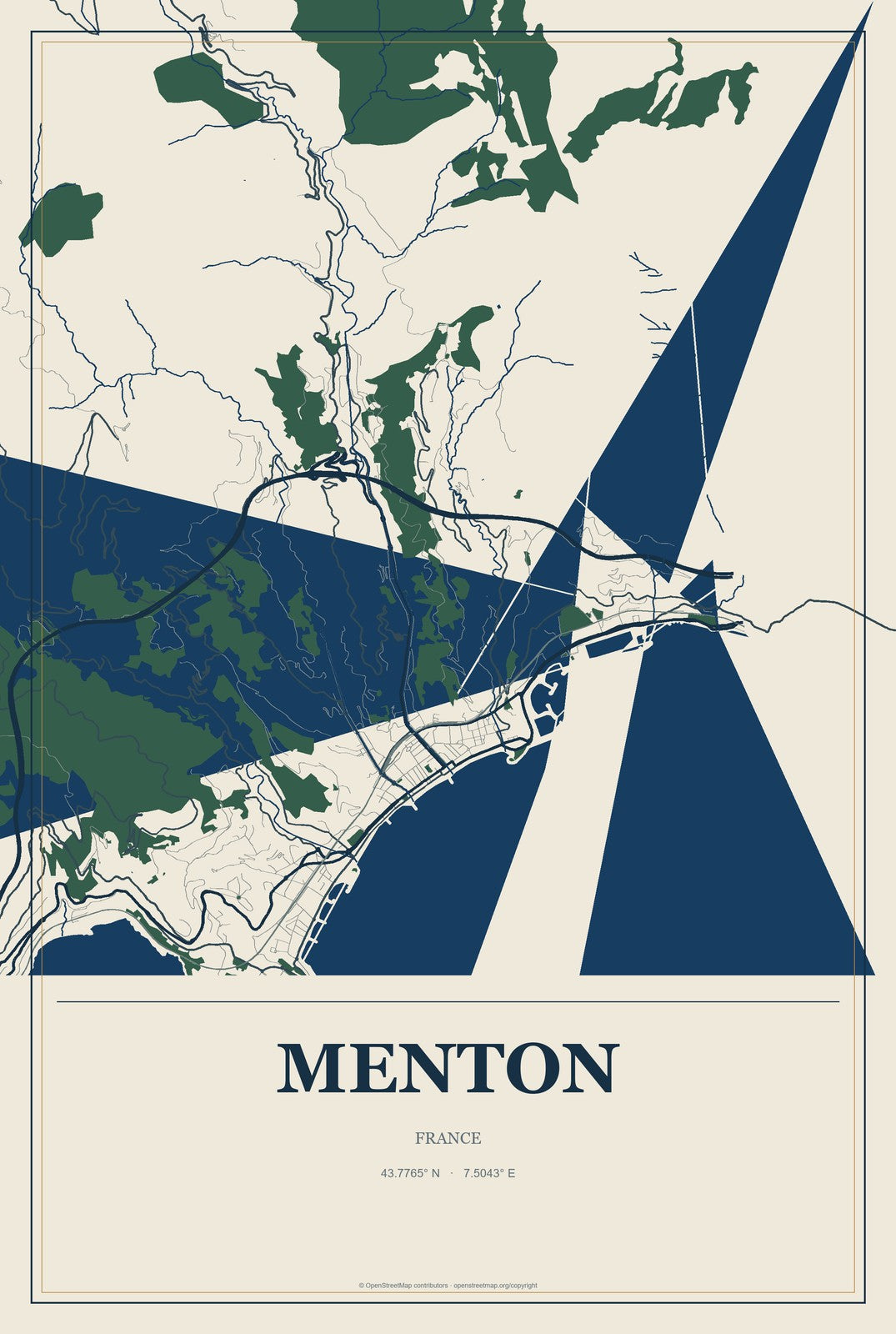 Menton, France City Map Aluminum Sign in Coastal Cutout style